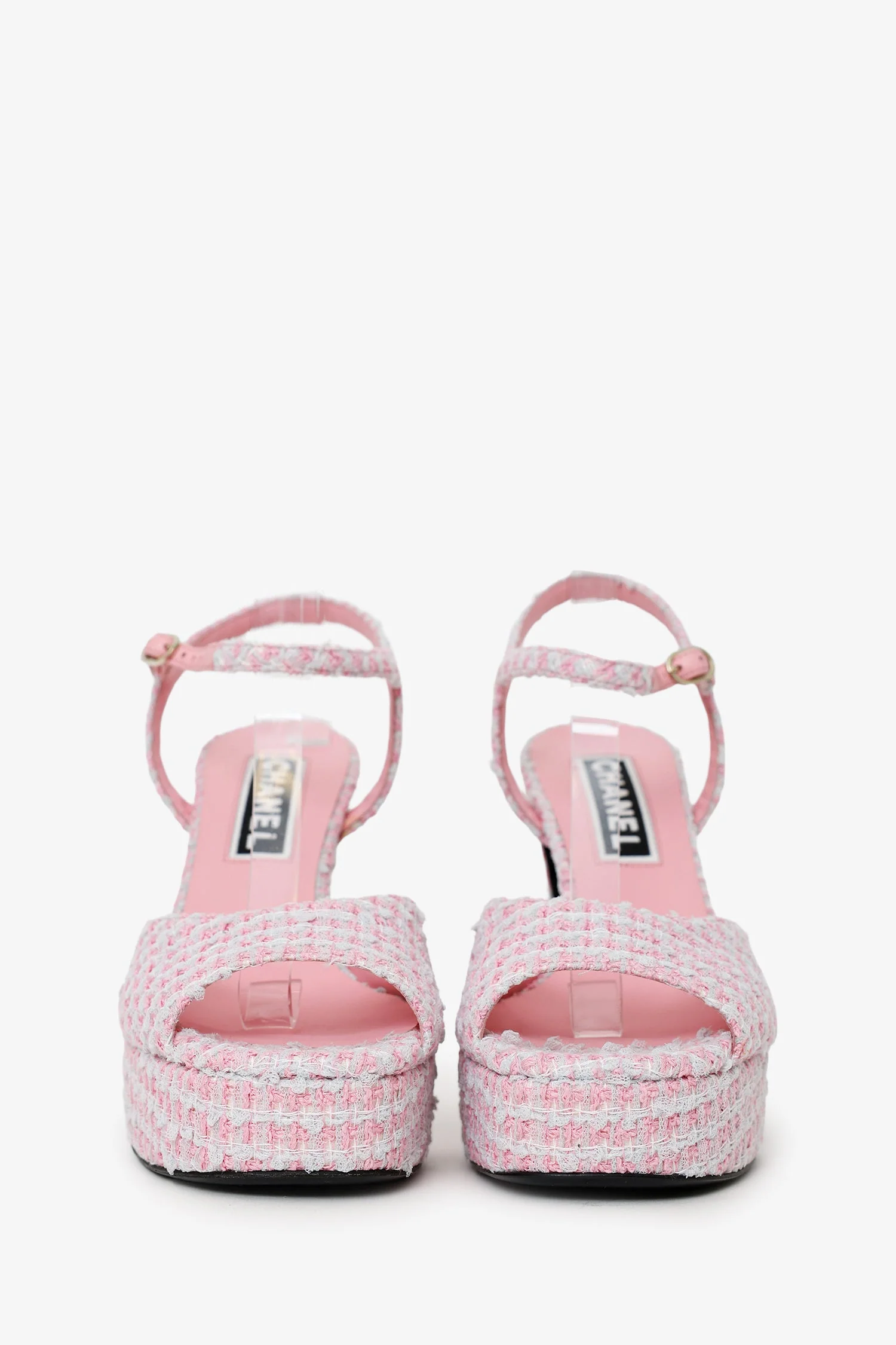 Pre-Loved Chanel™ Pink Tweed Crystal CC Platform Sandals Size 40 - Image 3