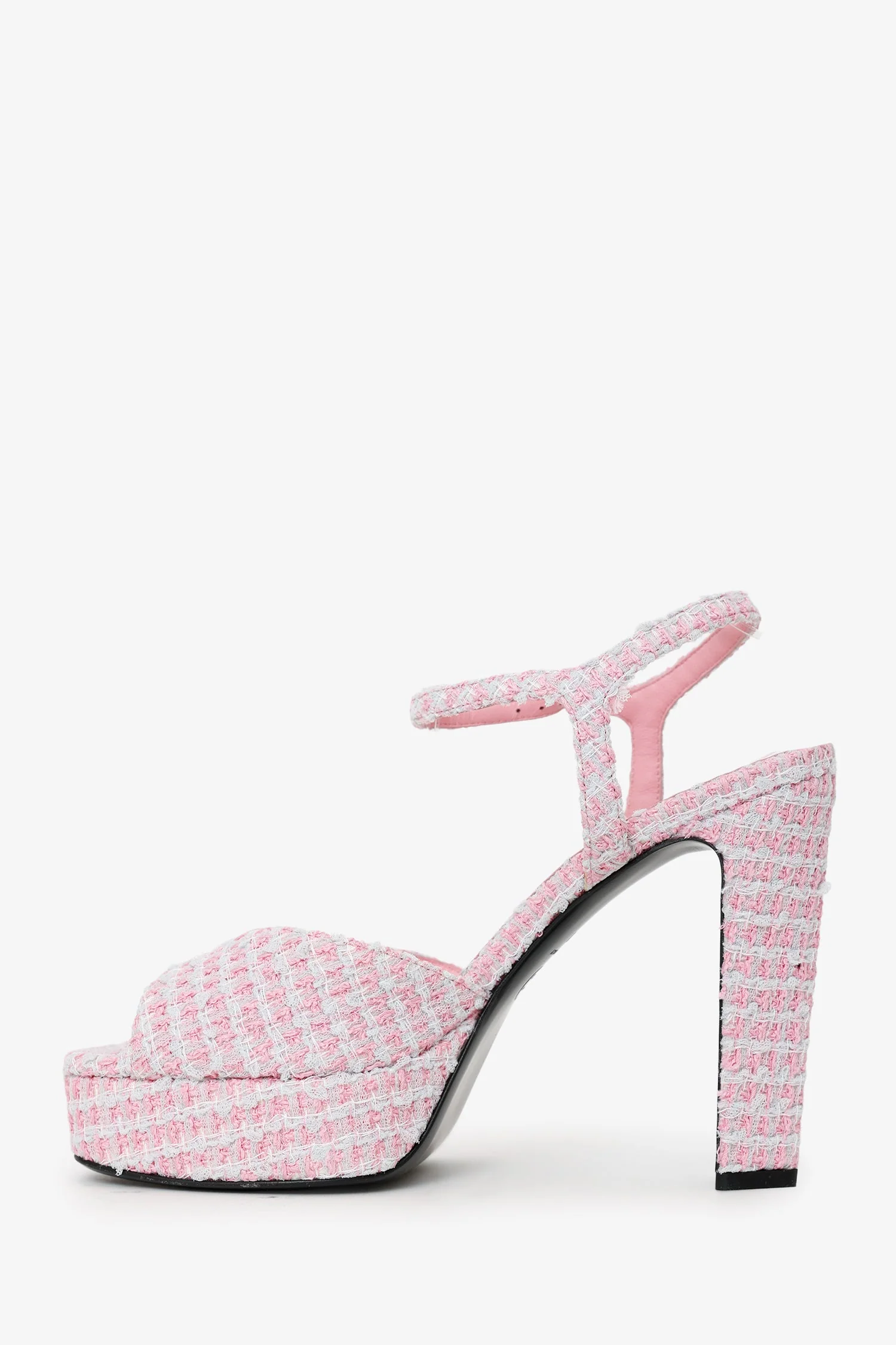 Pre-Loved Chanel™ Pink Tweed Crystal CC Platform Sandals Size 40 - Image 4