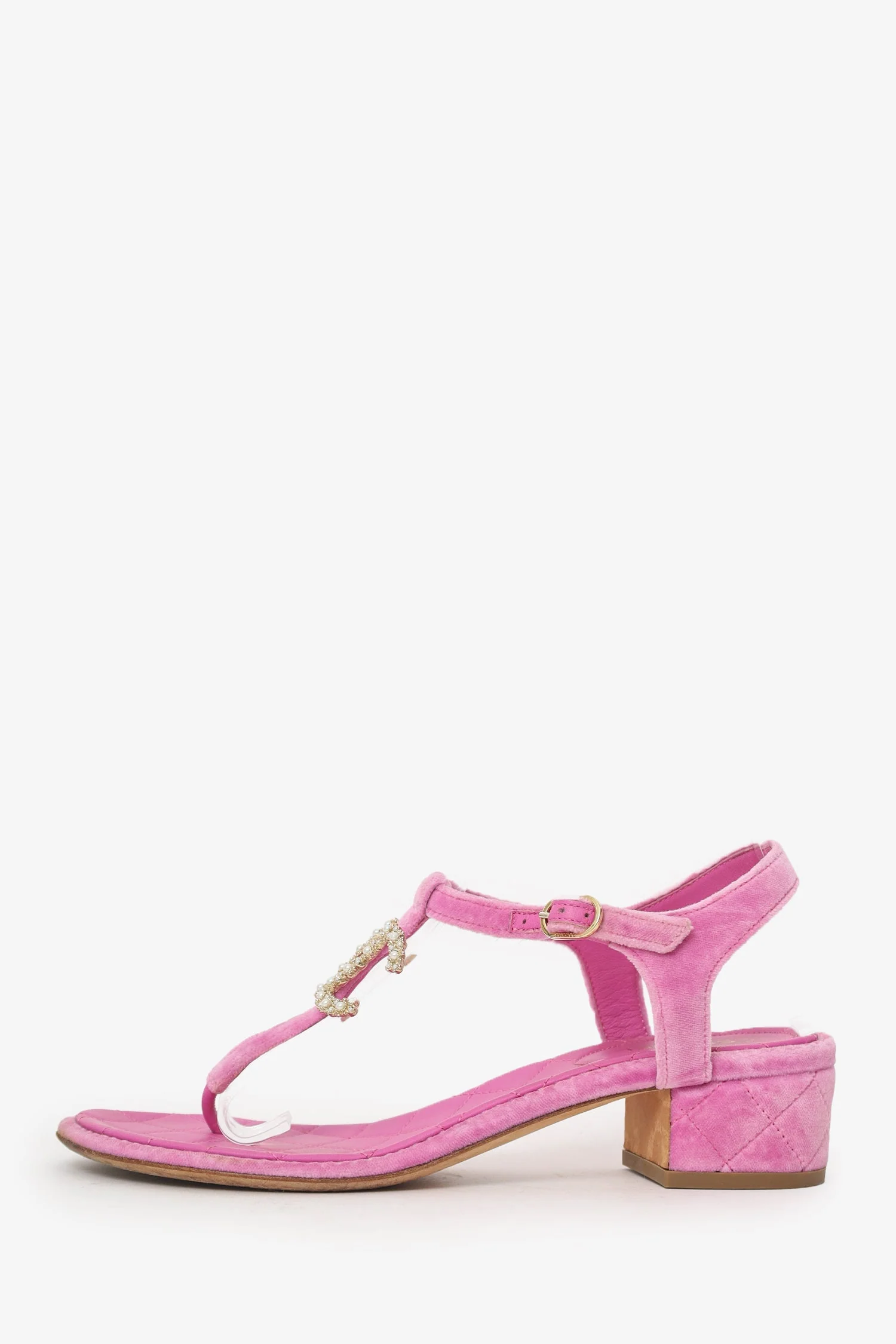 Pre-Loved Chanel™ Pink Velvet CC T-Strap Sandals Size 39 - Image 5