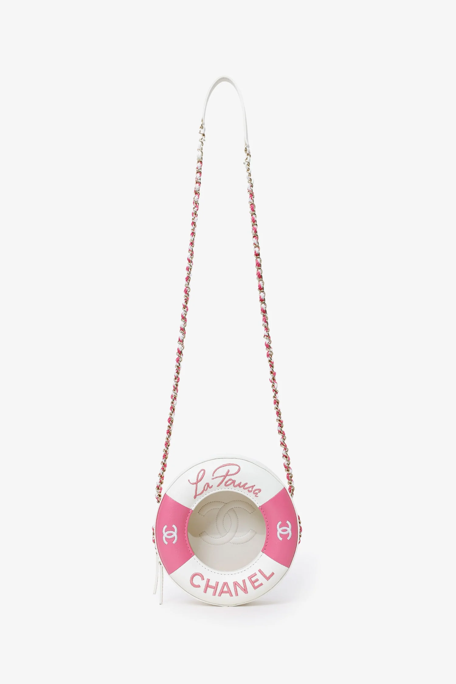Pre-Loved Chanel™ Pink/White Lambskin Lifesaver Small Round Bag - Image 6