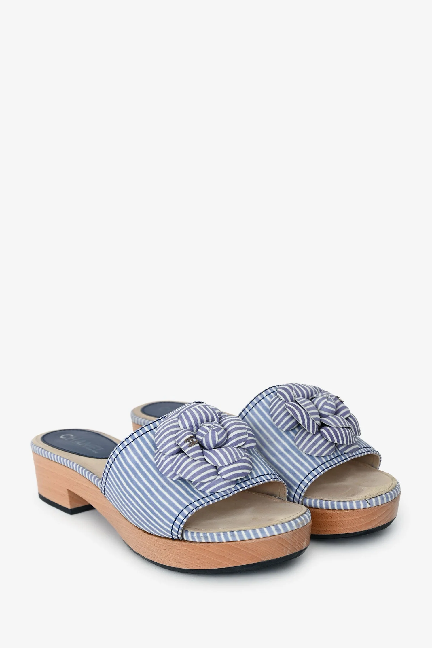 Pre-Loved Chanel™ Purple Striped Leather Camelia Platform Mules Size 40 - Image 2