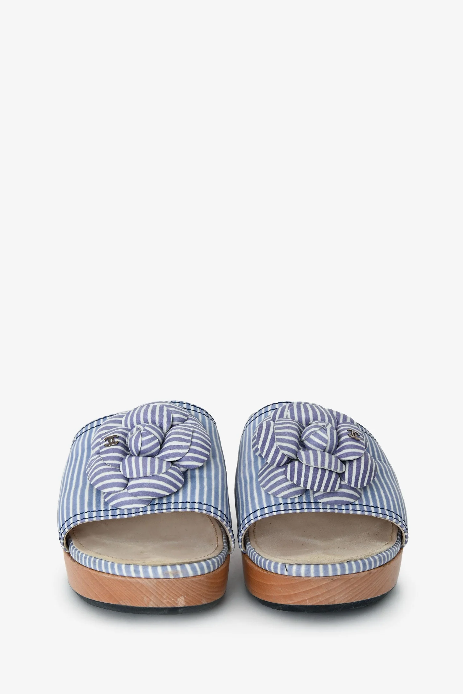 Pre-Loved Chanel™ Purple Striped Leather Camelia Platform Mules Size 40 - Image 3