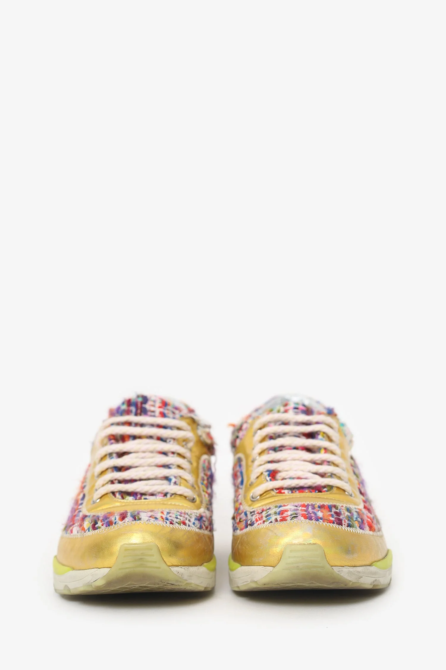 Pre-Loved Chanel™ Red/Green Tweed Gold Metallic Sneakers Size 36 - Image 3