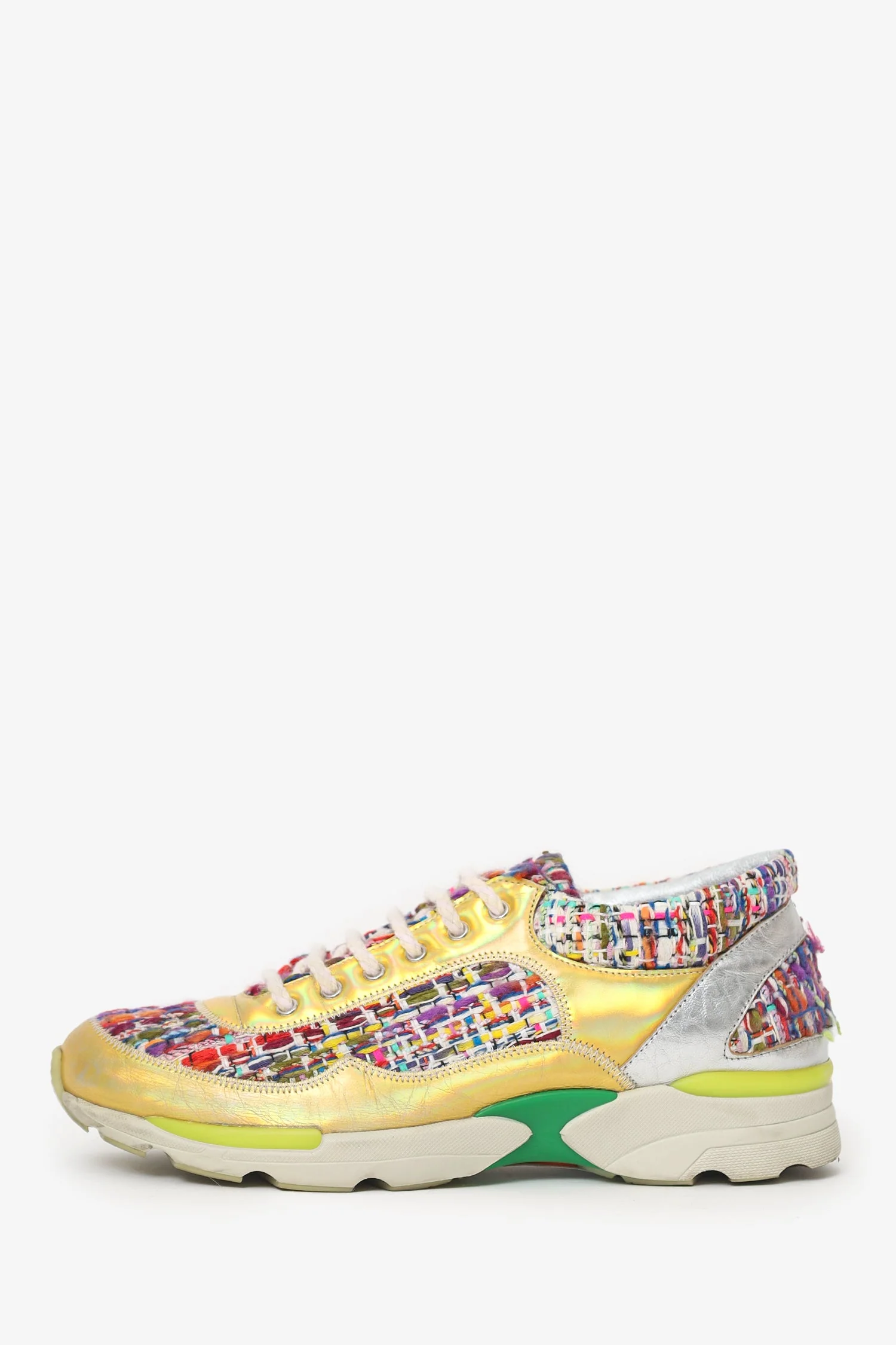 Pre-Loved Chanel™ Red/Green Tweed Gold Metallic Sneakers Size 36 - Image 5