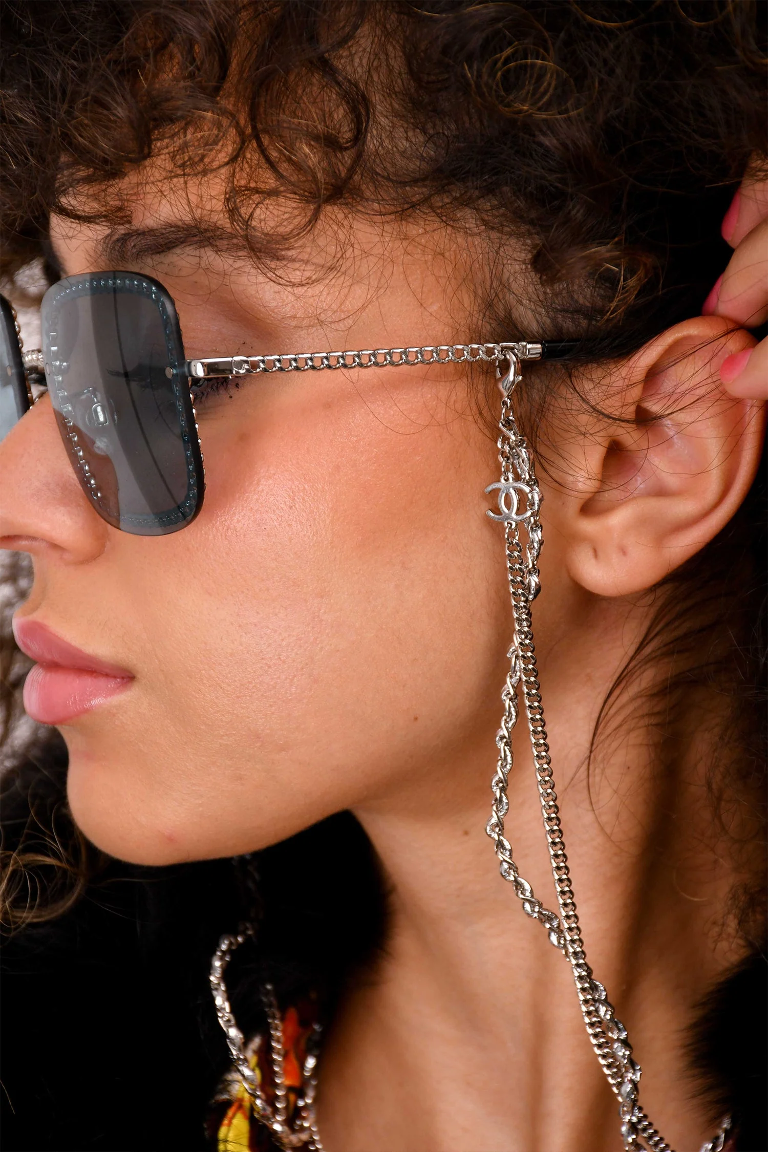 Pre-Loved Chanel™ Silver Frame Blue Square Sunglasses on Chain - Image 3