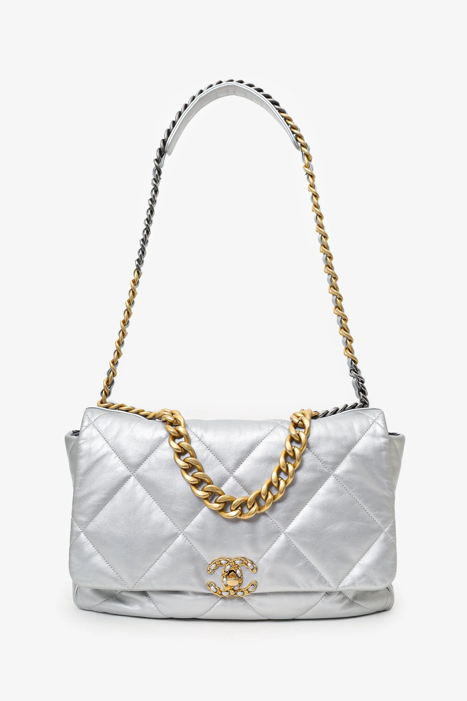 Pre-Loved Chanel™ Silver Leather Maxi 19 Flap - Image 2