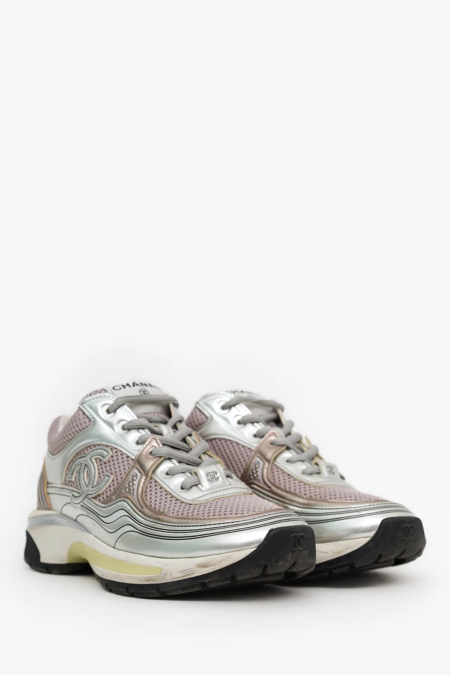 Chanel™ Silver Metallic Leather Mesh CC Chunky Sneaker Size 36.5 (Pre-Loved) - Image 2