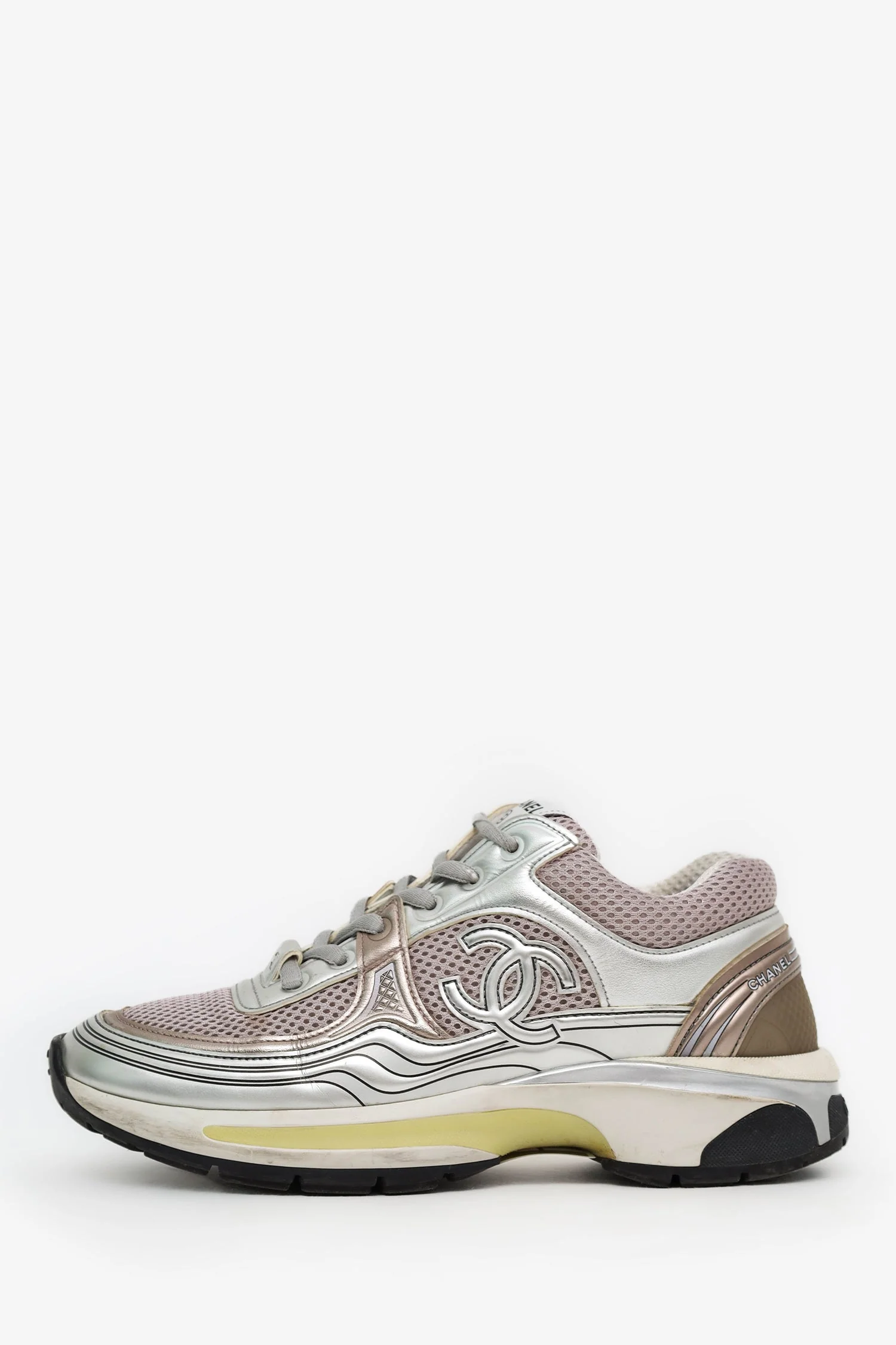 Chanel™ Silver Metallic Leather Mesh CC Chunky Sneaker Size 36.5 (Pre-Loved) - Image 5