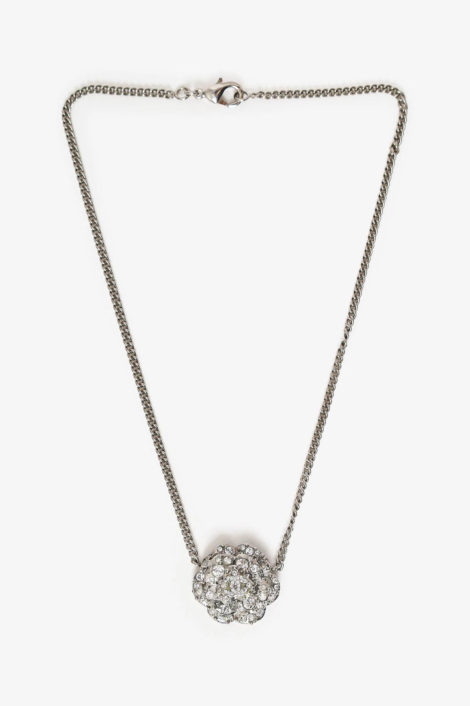 Chanel™ Silver Tone Crystal Camellia Flower Necklace - Image 2