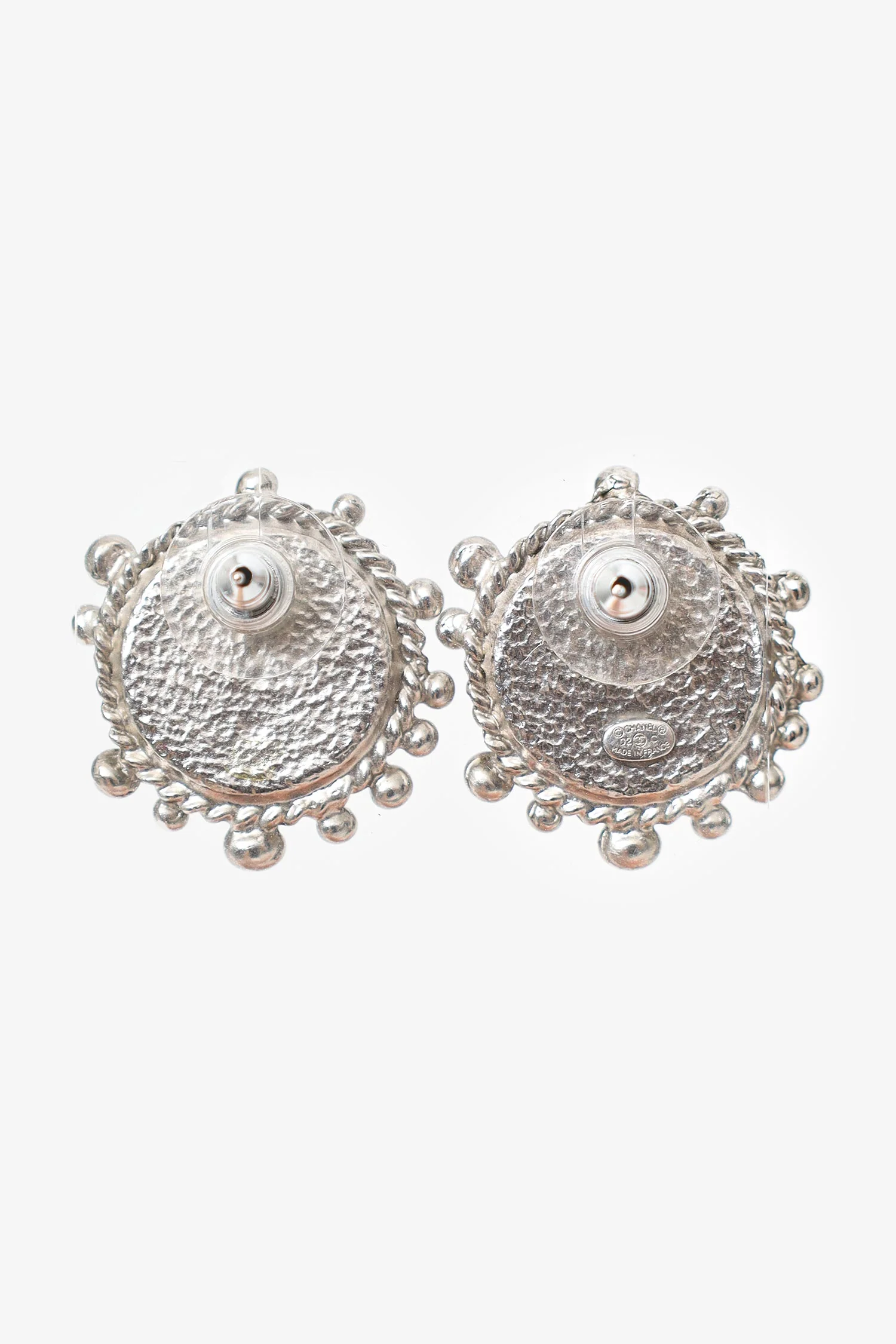 Pre-Loved Chanel™ Silver Tone Faux Pearl CC Crystal Embellished Earrings - Image 3