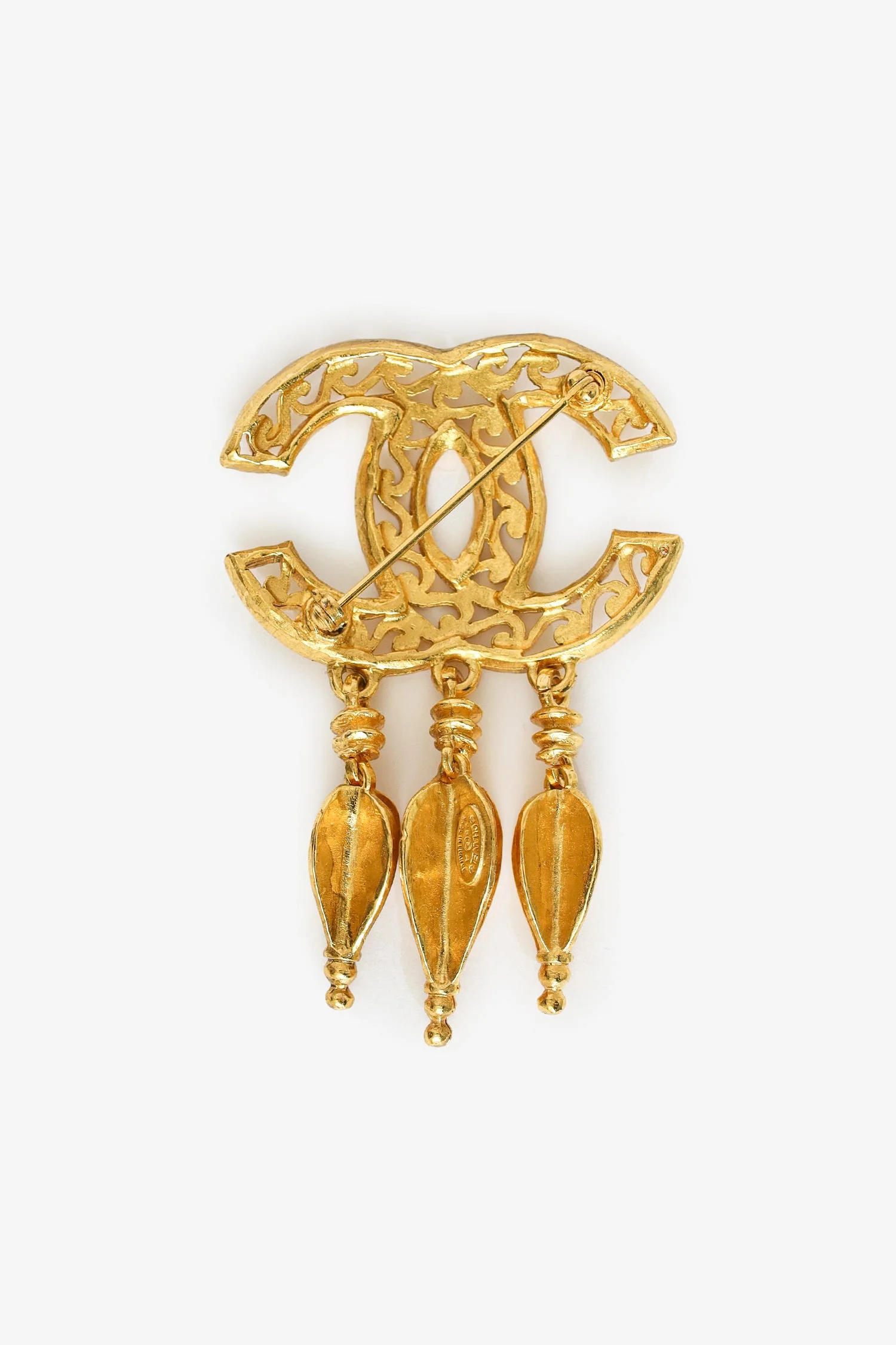 Pre-Loved Chanel™ Vintage Gold-tone Coco Mark Fretwork Fringe Brooch - Image 4