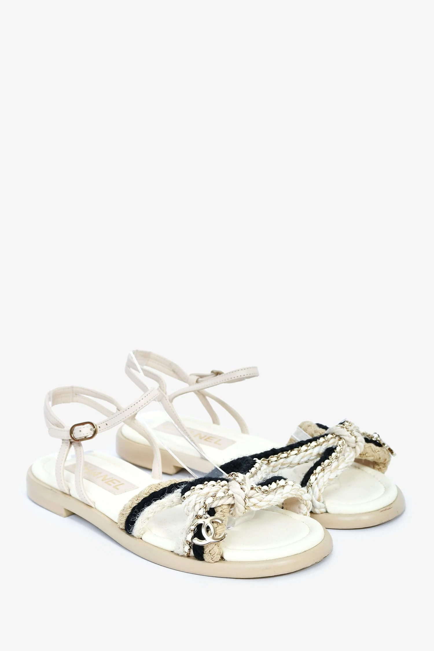 Pre-Loved Chanel™ White/Blue Metallic Woven CC Sandals Size 37 - Image 2