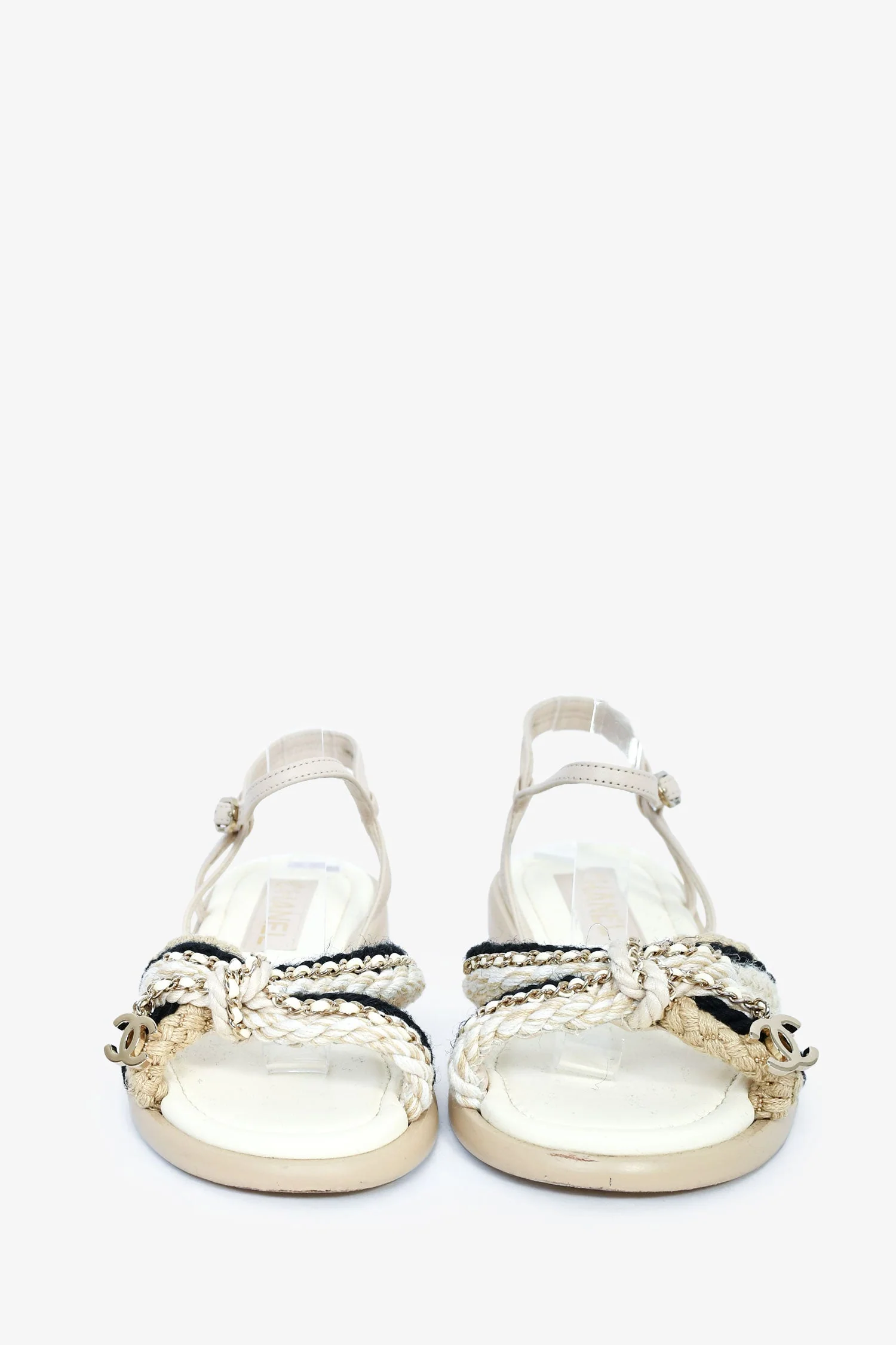 Pre-Loved Chanel™ White/Blue Metallic Woven CC Sandals Size 37 - Image 3