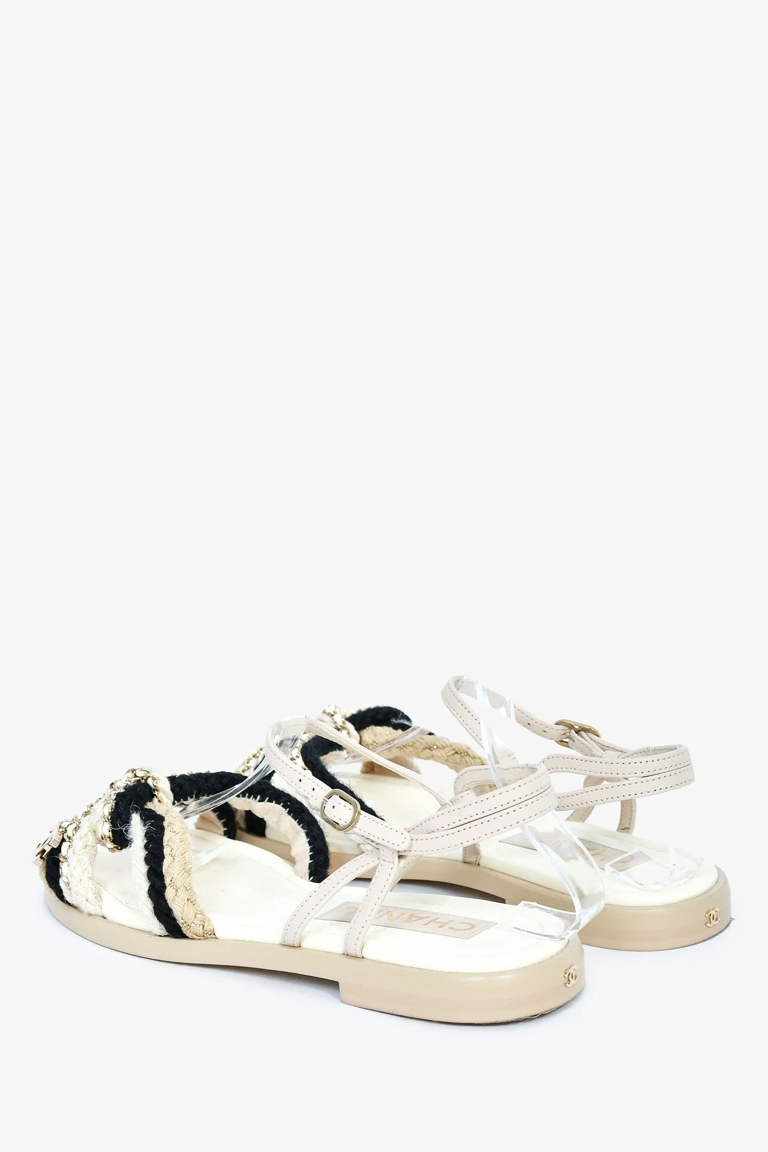 Pre-Loved Chanel™ White/Blue Metallic Woven CC Sandals Size 37 - Image 4