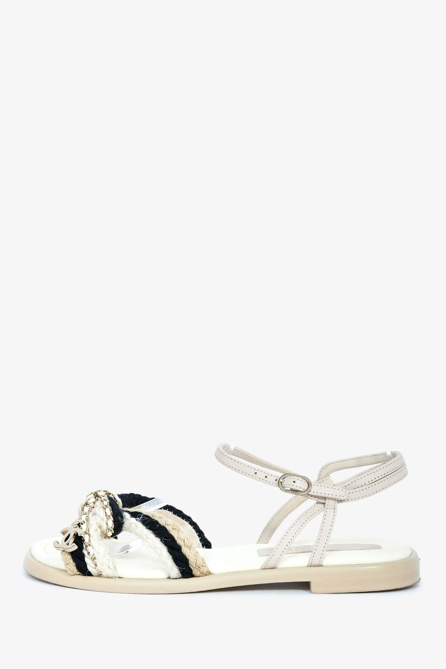 Pre-Loved Chanel™ White/Blue Metallic Woven CC Sandals Size 37 - Image 5