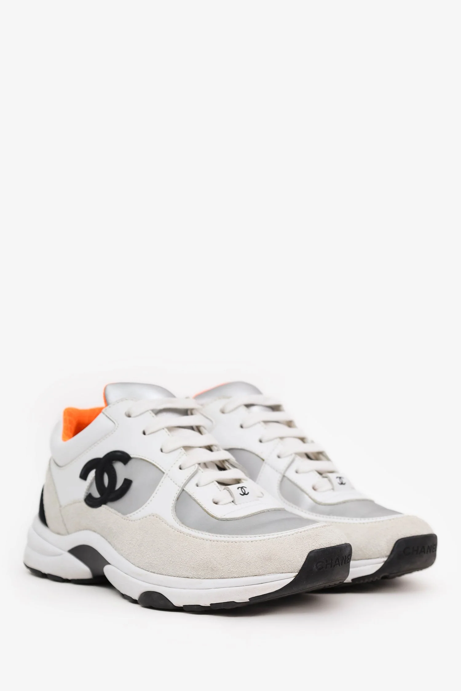 Pre-Loved Chanel™ White/Orange Suede CC Sneakers Size 35.5 - Image 2