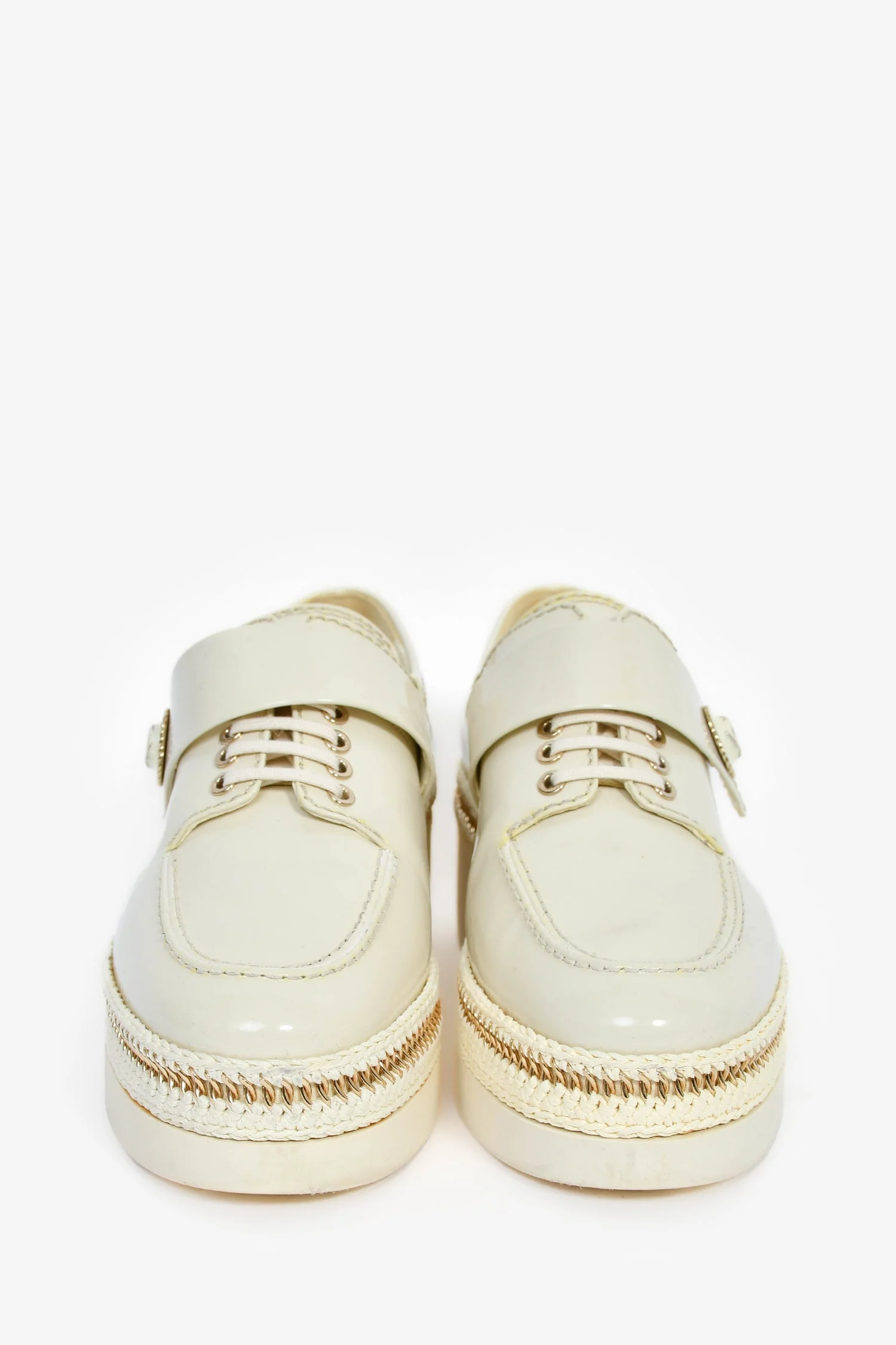Pre-Loved Chanel™ White Patent Leather CC Gold Chain Platform Loafers Size 36.5 - Image 3