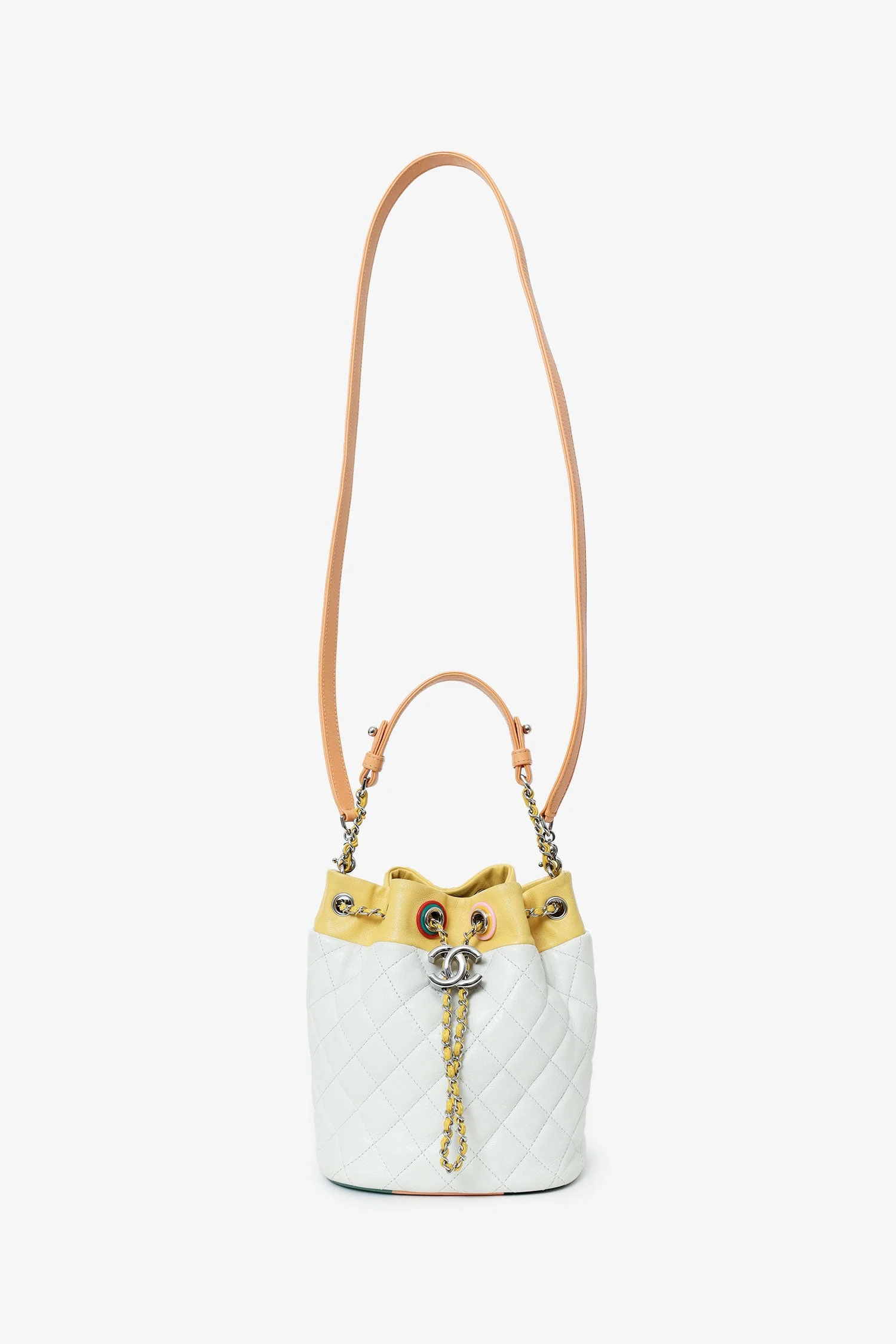 Pre-Loved Chanel™ White/Yellow Leather Paris-Cuba Chain Bucket Bag - Image 6