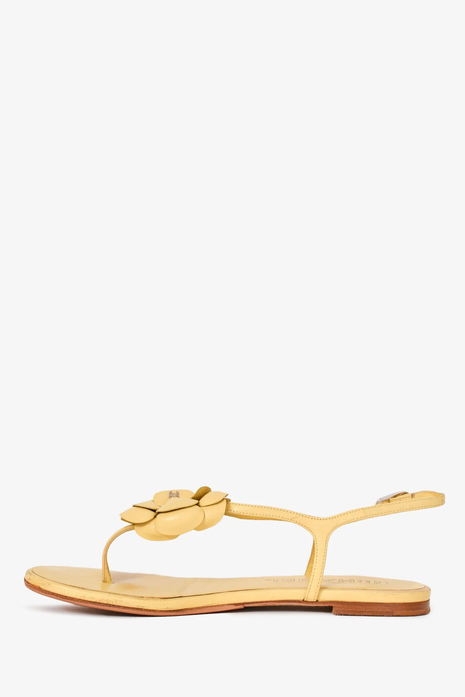 Chanel™ Yellow Leather Camellia Flower Sandals Size 38.5 (As Is) - Image 5