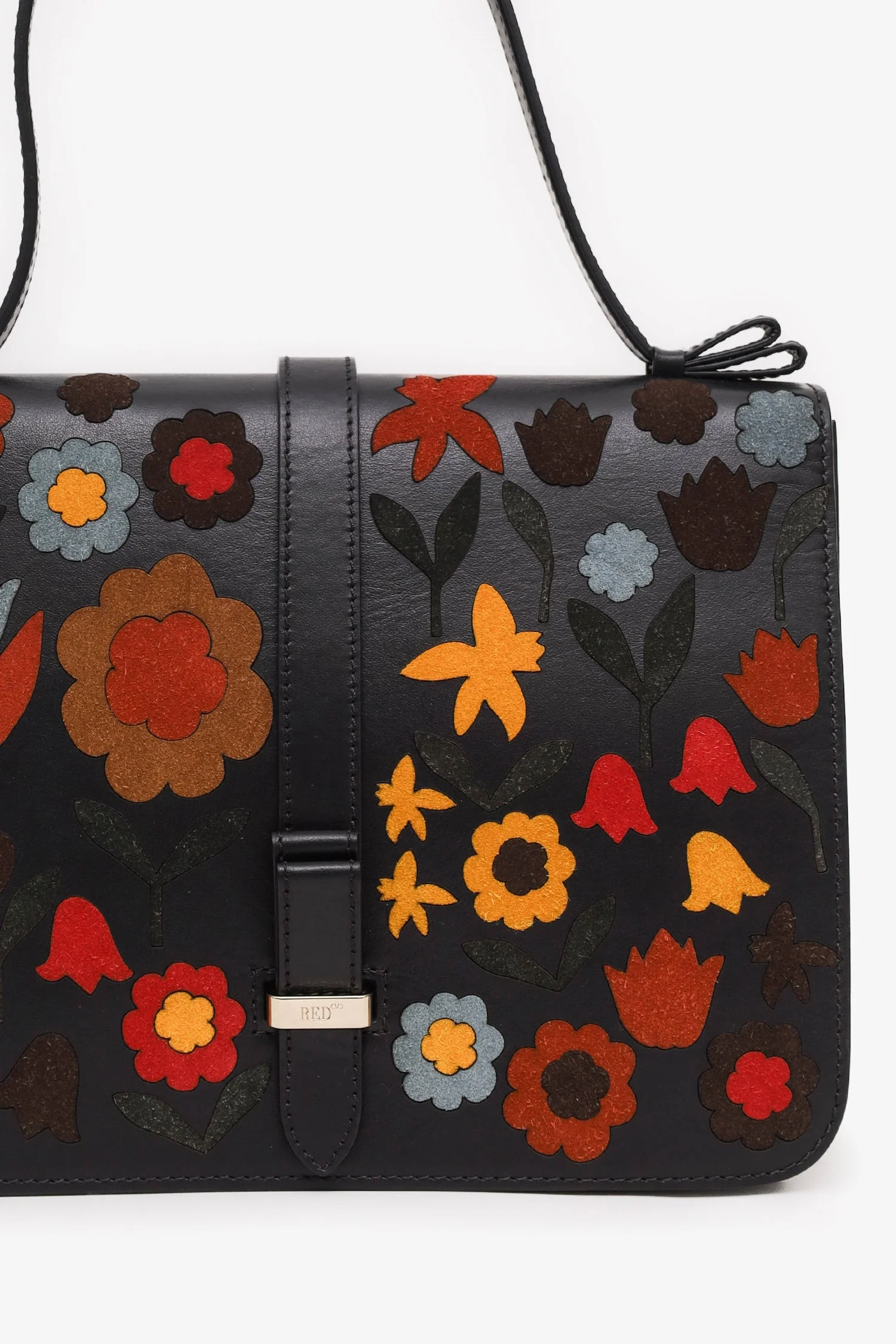 RED Valentino Black Leather Floral Suede Shoulder Bag With Strap - Image 7