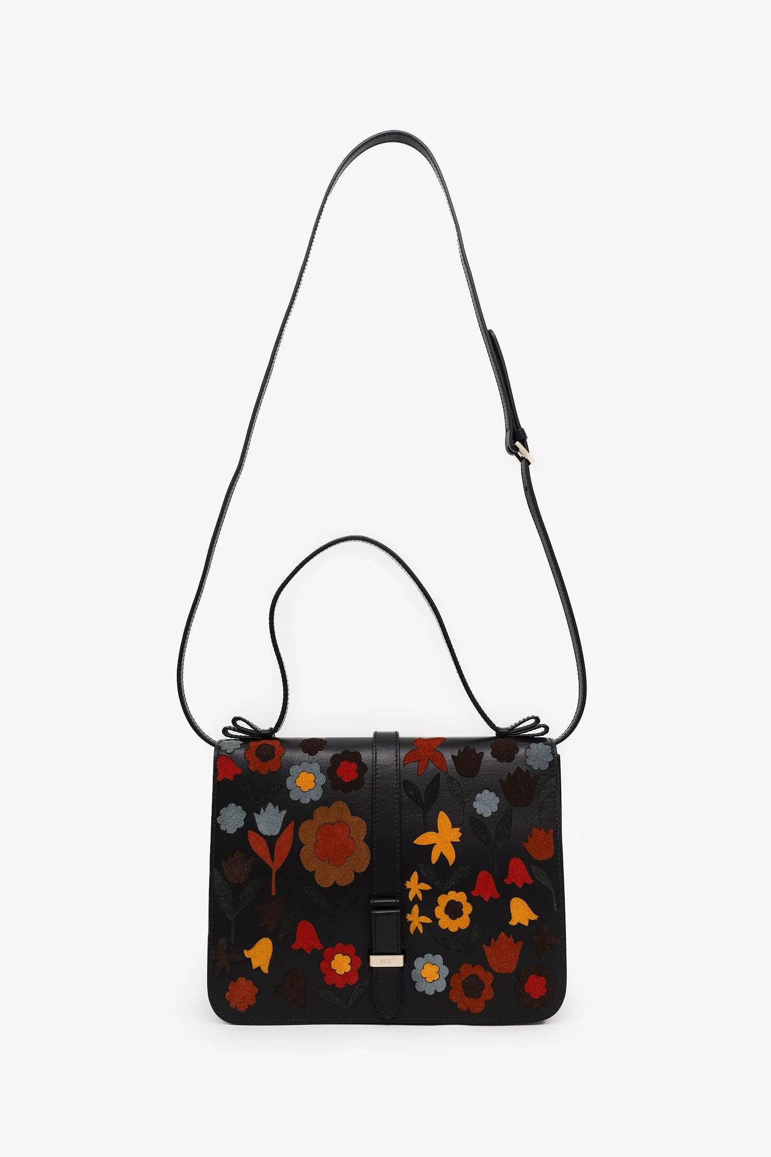 RED Valentino Black Leather Floral Suede Shoulder Bag With Strap - Image 8