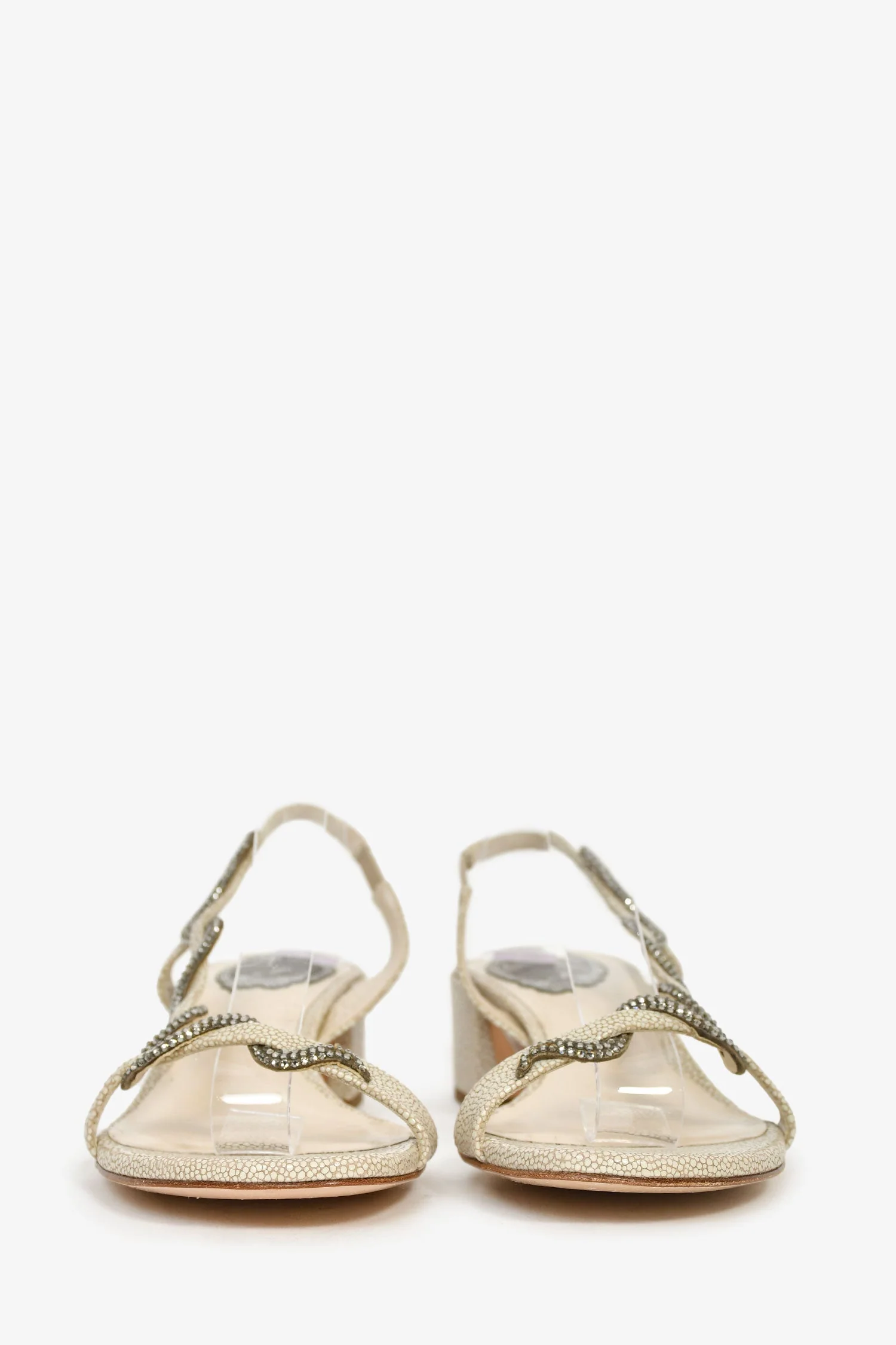 Rene Caovilla Beige Sequin Embellished Snake Block Heel Sandals Size 37 - Image 3