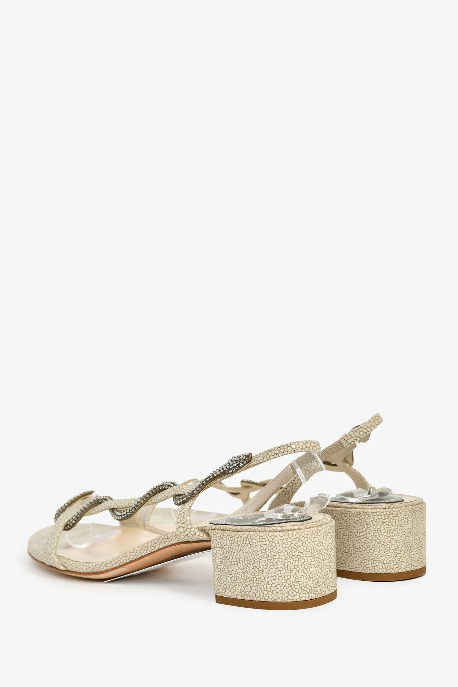Rene Caovilla Beige Sequin Embellished Snake Block Heel Sandals Size 37 - Image 4