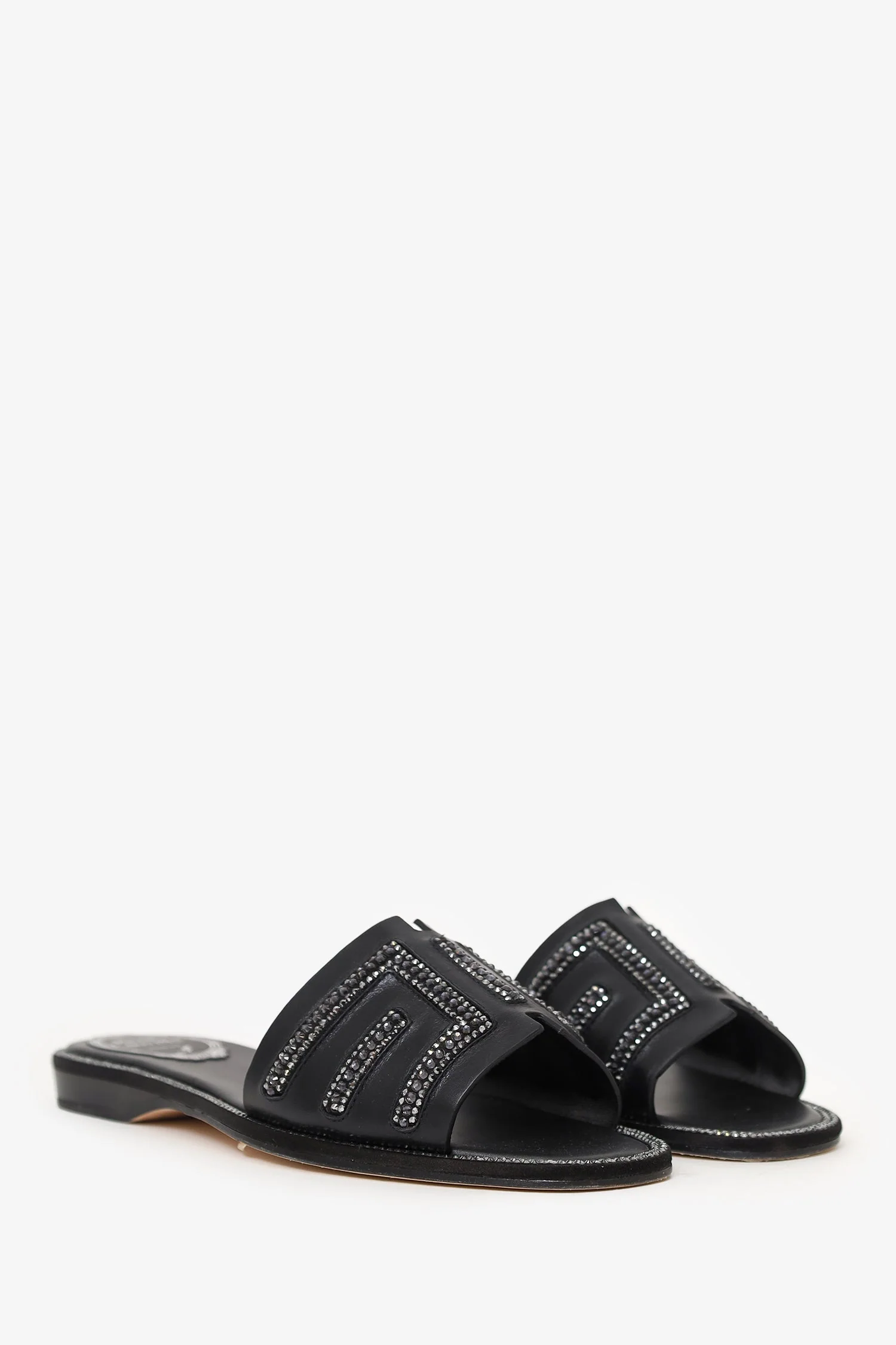 Rene Caovilla Black Leather Swarovski Crystal Embellished Flat Slides Size 35 - Image 2