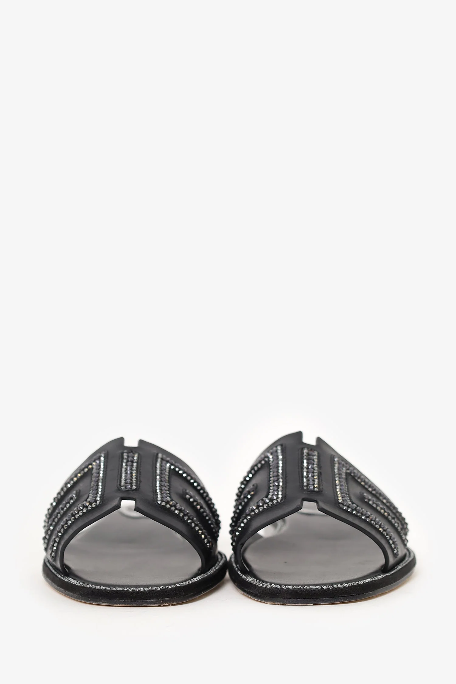 Rene Caovilla Black Leather Swarovski Crystal Embellished Flat Slides Size 35 - Image 3