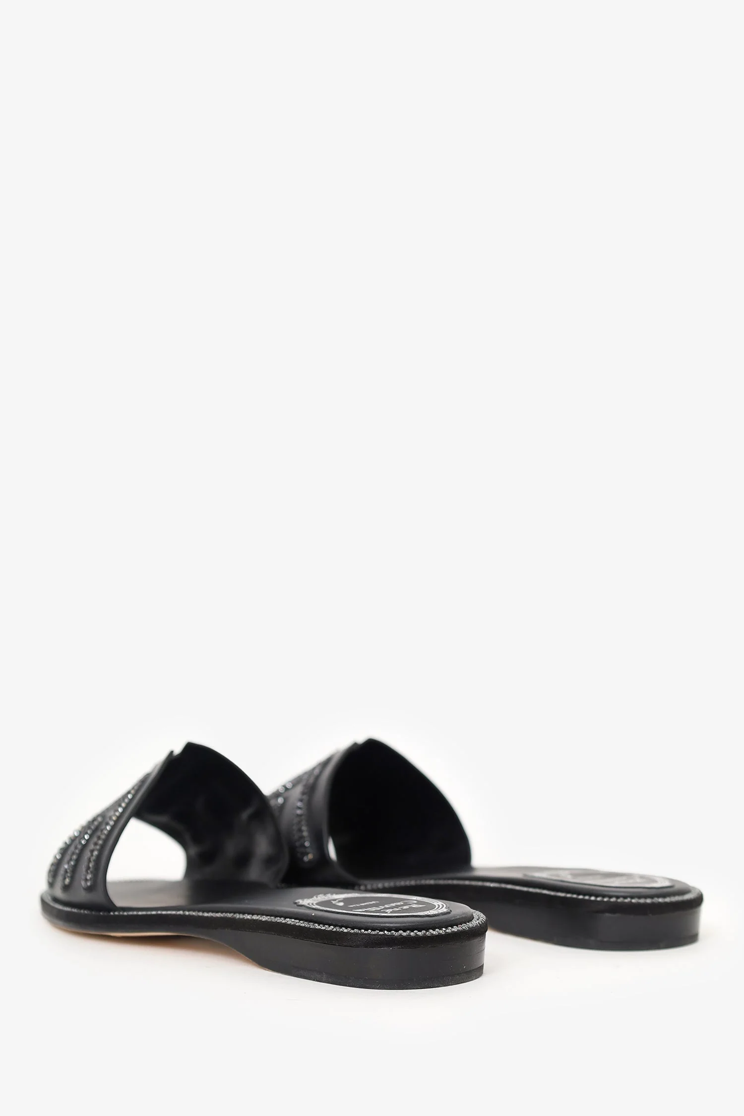 Rene Caovilla Black Leather Swarovski Crystal Embellished Flat Slides Size 35 - Image 4