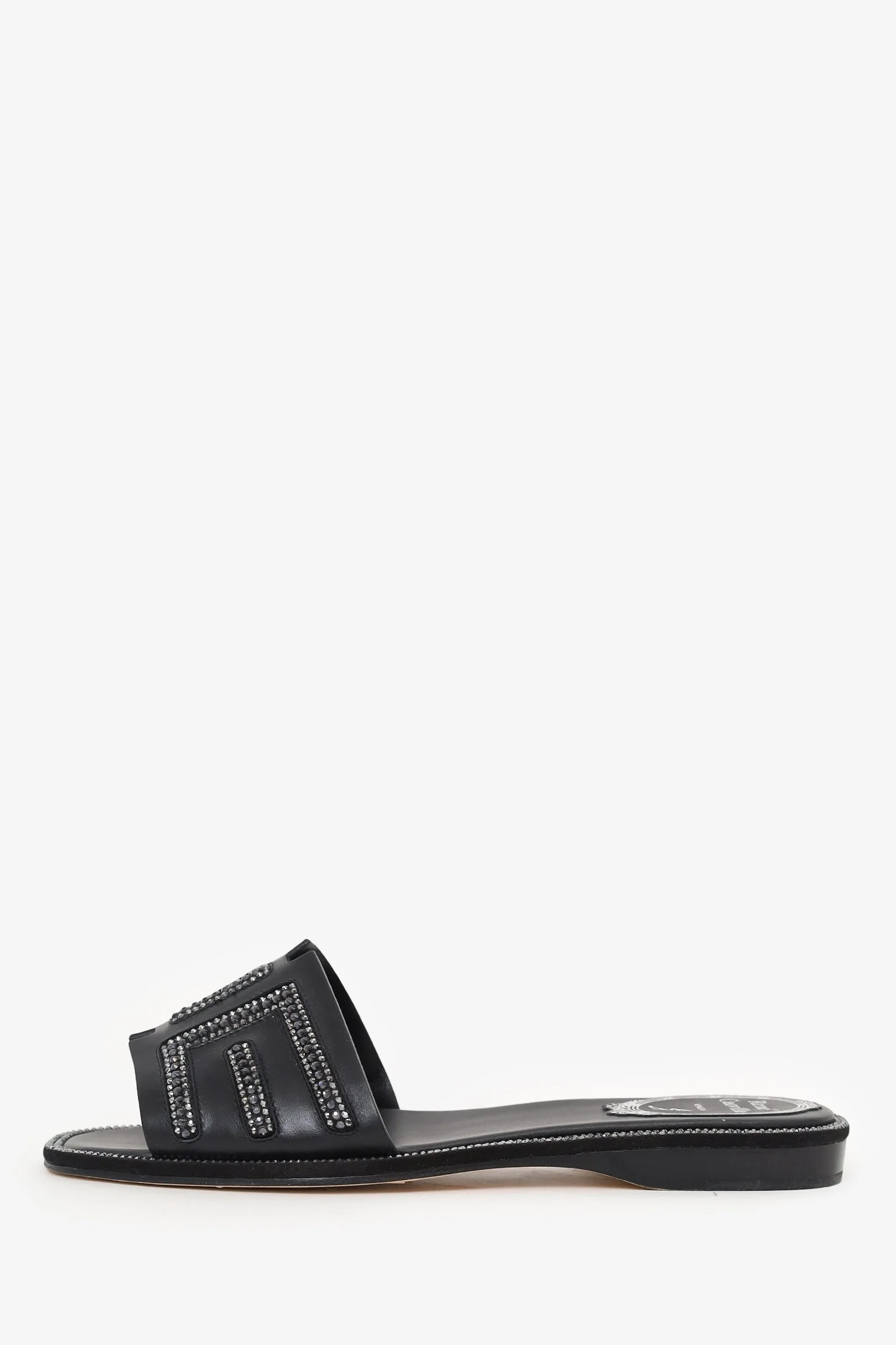 Rene Caovilla Black Leather Swarovski Crystal Embellished Flat Slides Size 35 - Image 5
