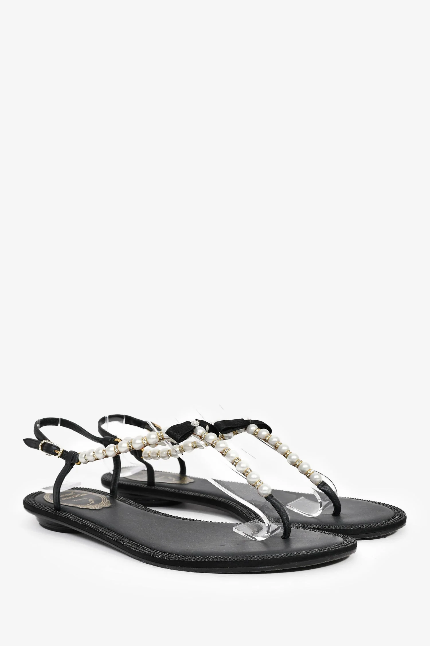 Rene Caovilla Black/Pearl Bow Detail Flat Sandals Size 37.5 - Image 2