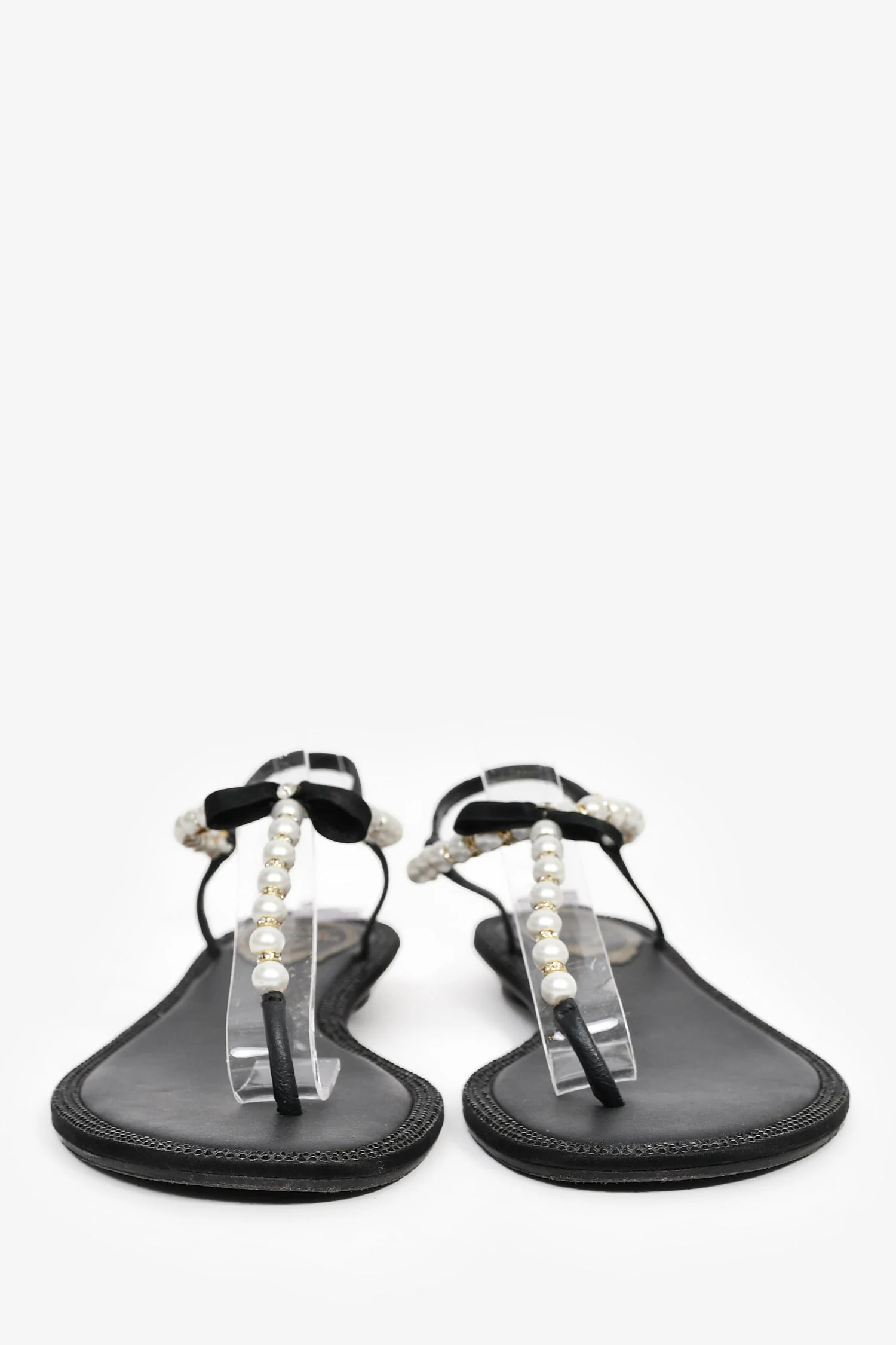 Rene Caovilla Black/Pearl Bow Detail Flat Sandals Size 37.5 - Image 3