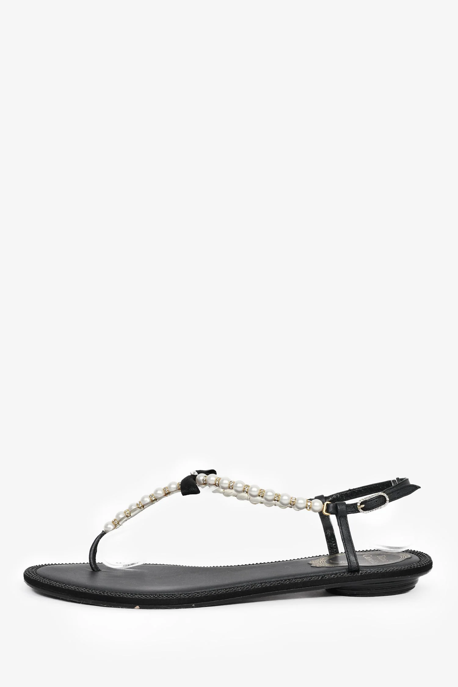 Rene Caovilla Black/Pearl Bow Detail Flat Sandals Size 37.5 - Image 4