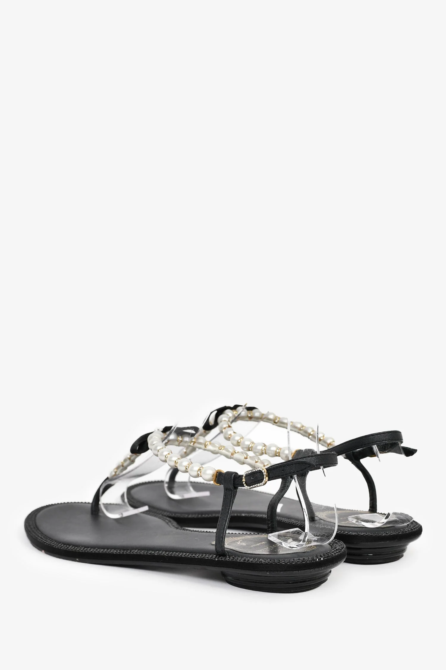 Rene Caovilla Black/Pearl Bow Detail Flat Sandals Size 37.5 - Image 5
