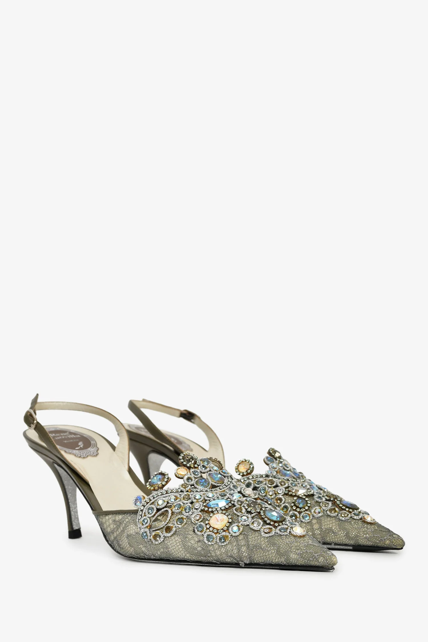 Rene Caovilla Grey Crystal Slingback Kitten Heels Size 37.5 - Image 2