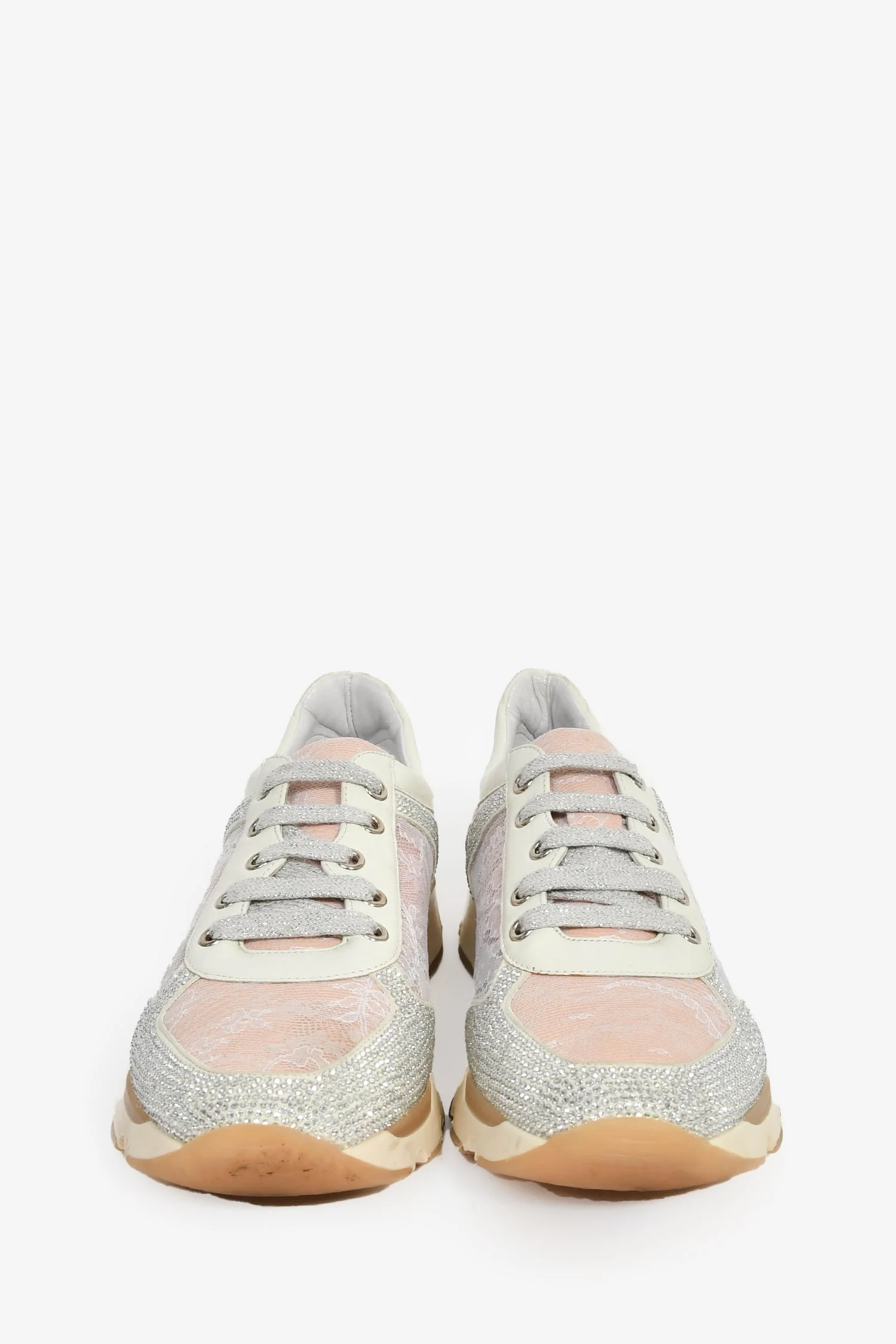 Rene Caovilla Pink/Silver Lace Crystal Sneakers sz 37 - Image 3