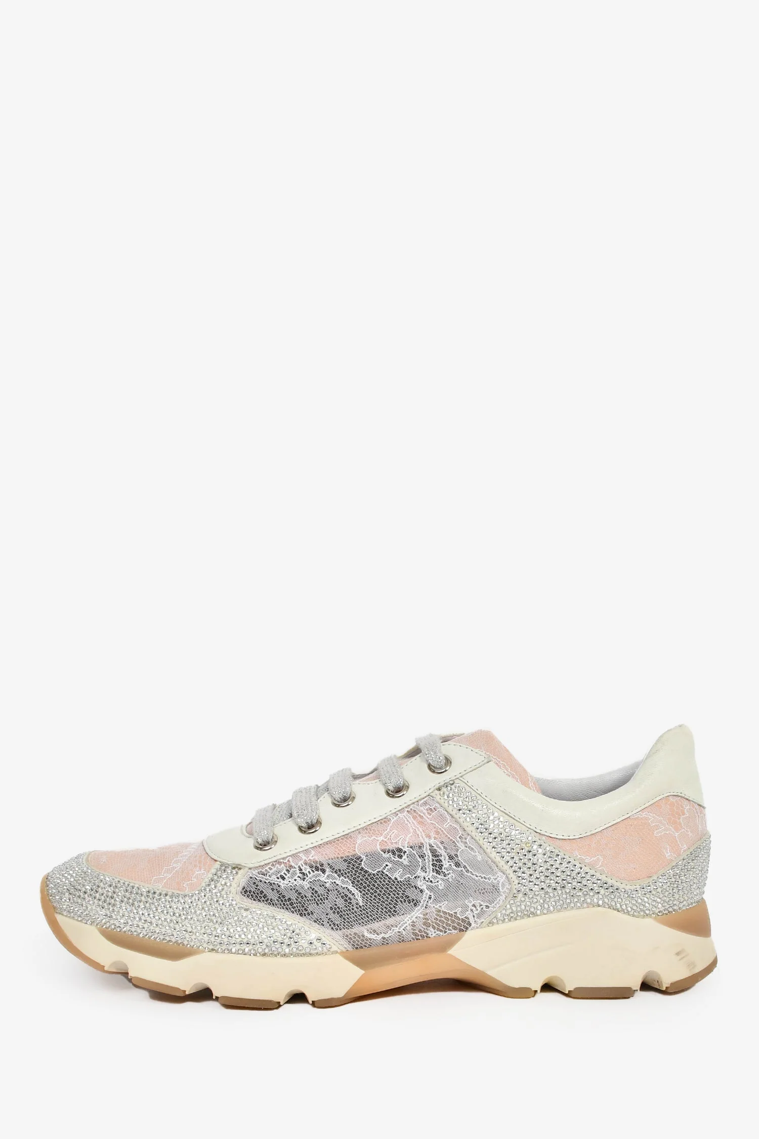 Rene Caovilla Pink/Silver Lace Crystal Sneakers sz 37 - Image 4