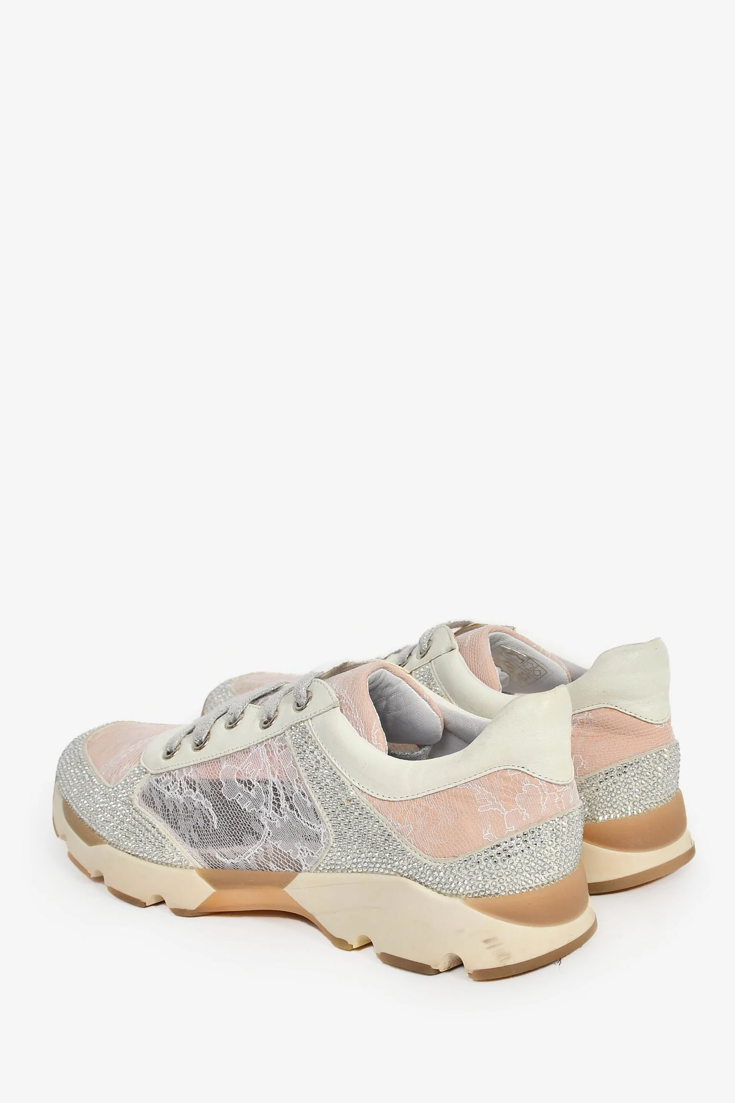 Rene Caovilla Pink/Silver Lace Crystal Sneakers sz 37 - Image 5