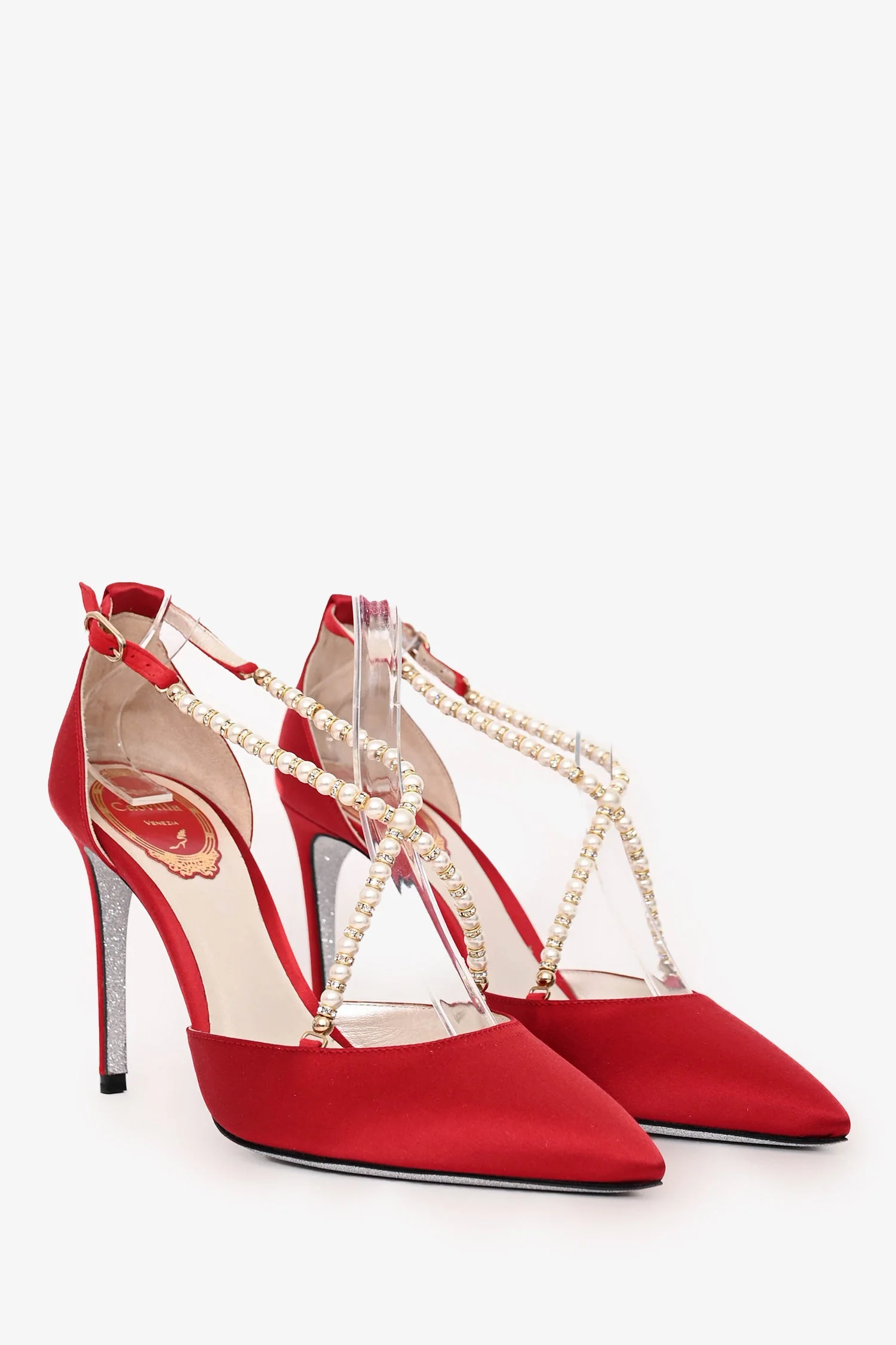Rene Caovilla Red Satin/Faux Pearl Heels Size 37 - Image 2