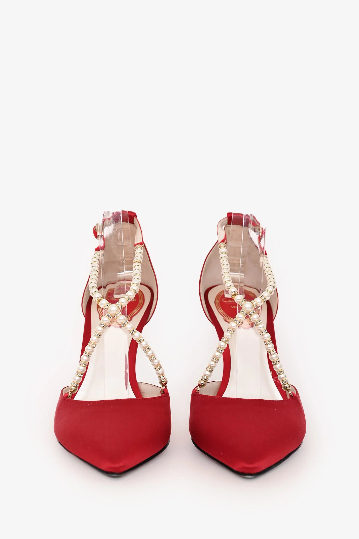 Rene Caovilla Red Satin/Faux Pearl Heels Size 37 - Image 3