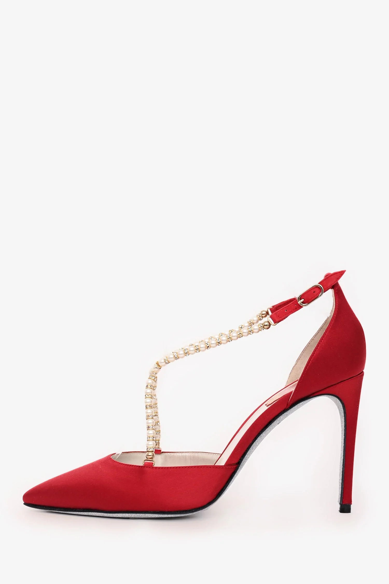 Rene Caovilla Red Satin/Faux Pearl Heels Size 37 - Image 4