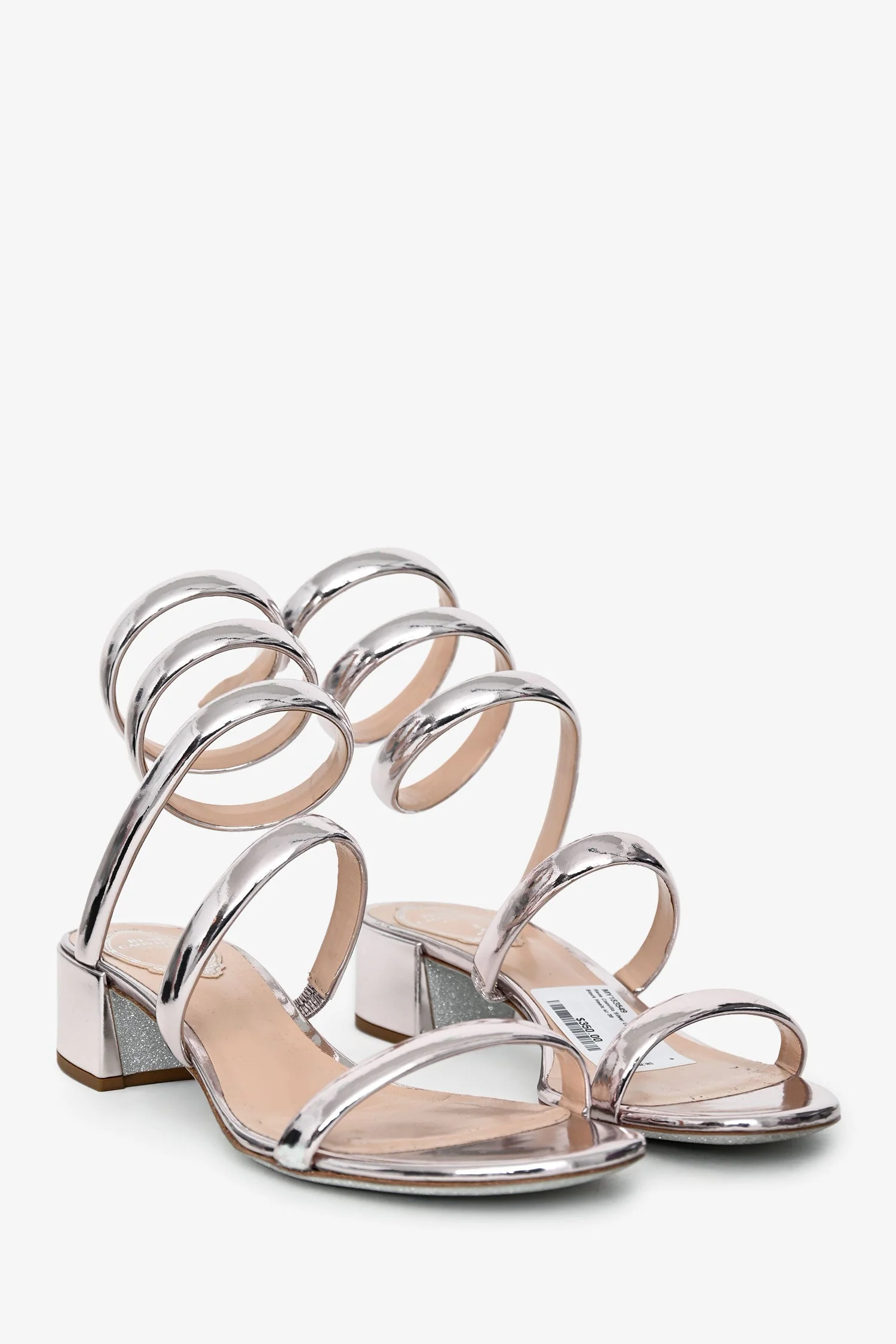 Rene Caovilla Silver Leather Gladiator Block Heels Size 38 - Image 2
