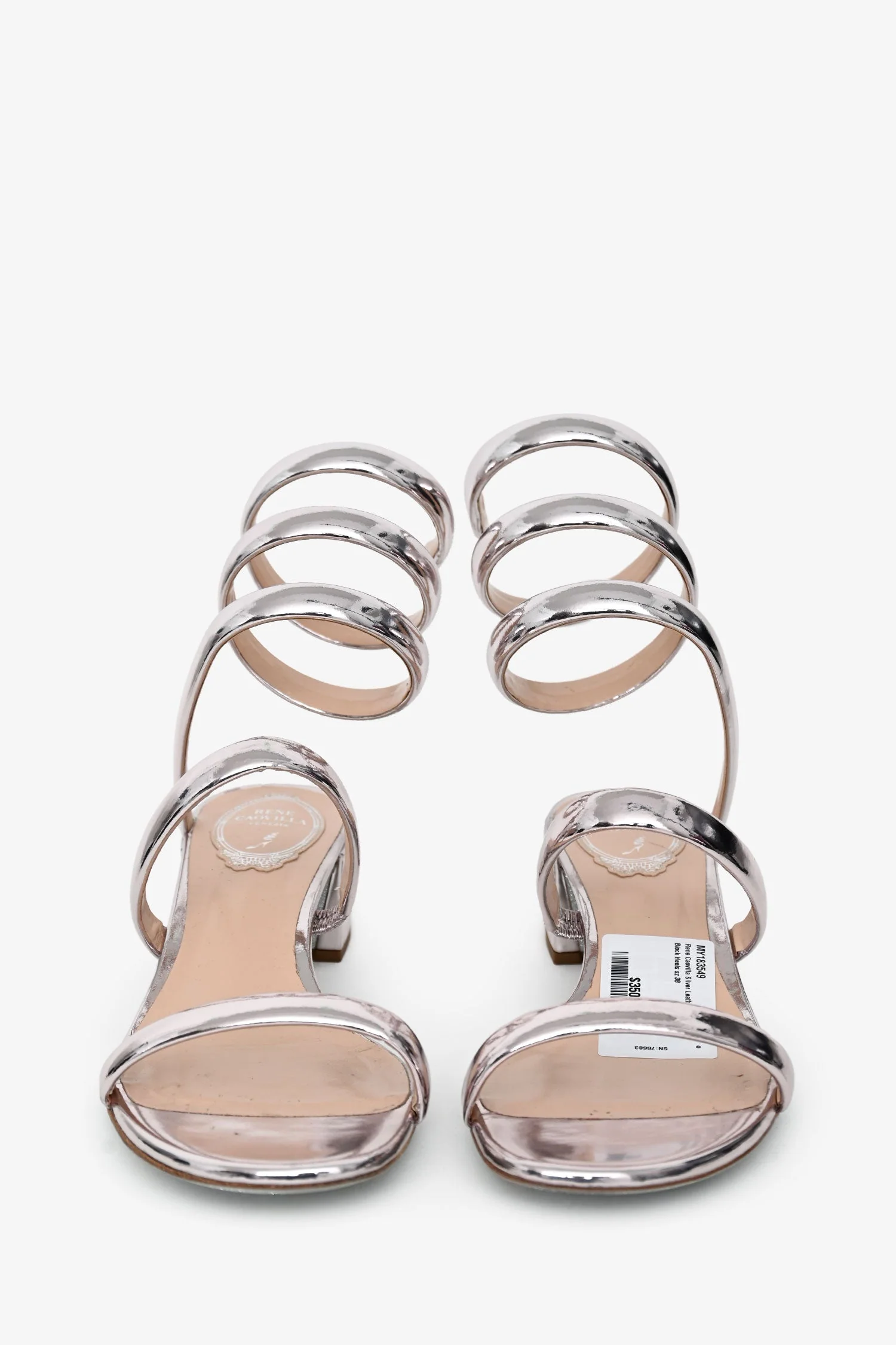 Rene Caovilla Silver Leather Gladiator Block Heels Size 38 - Image 3