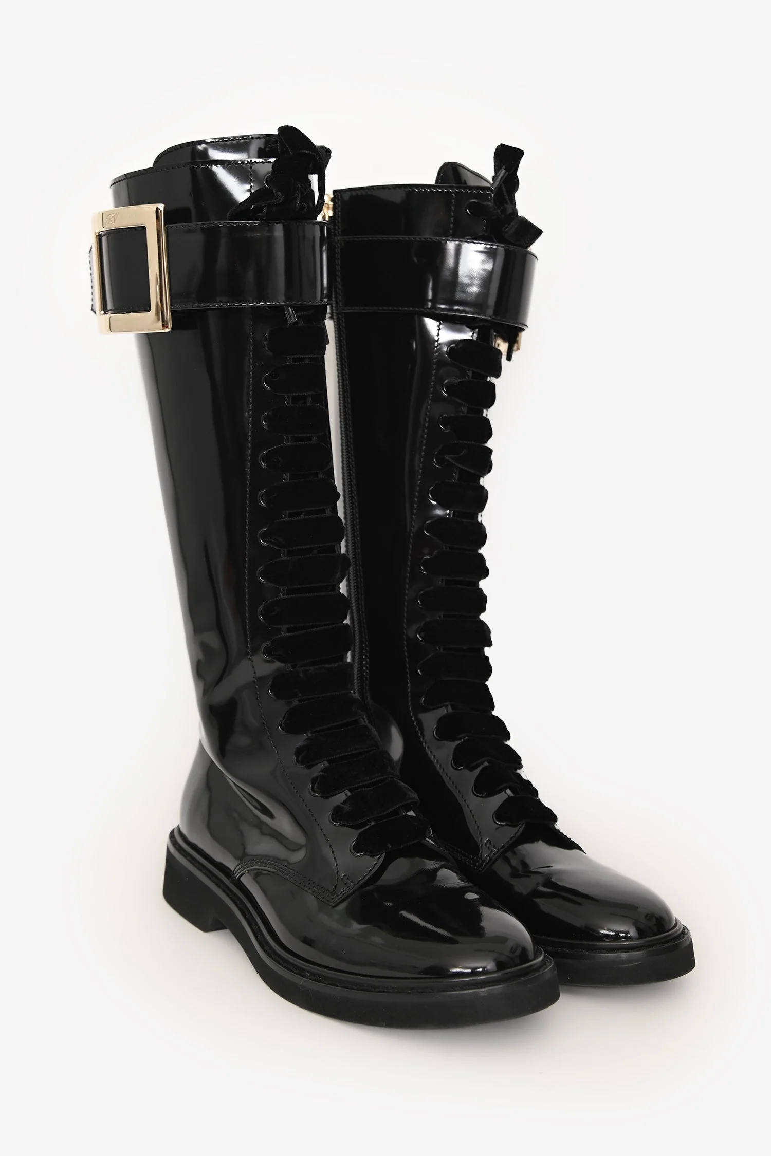 Roger Vivier Black Patent Leather Viv Ranger Knee High Lace Up Boots Size 40 - Image 2