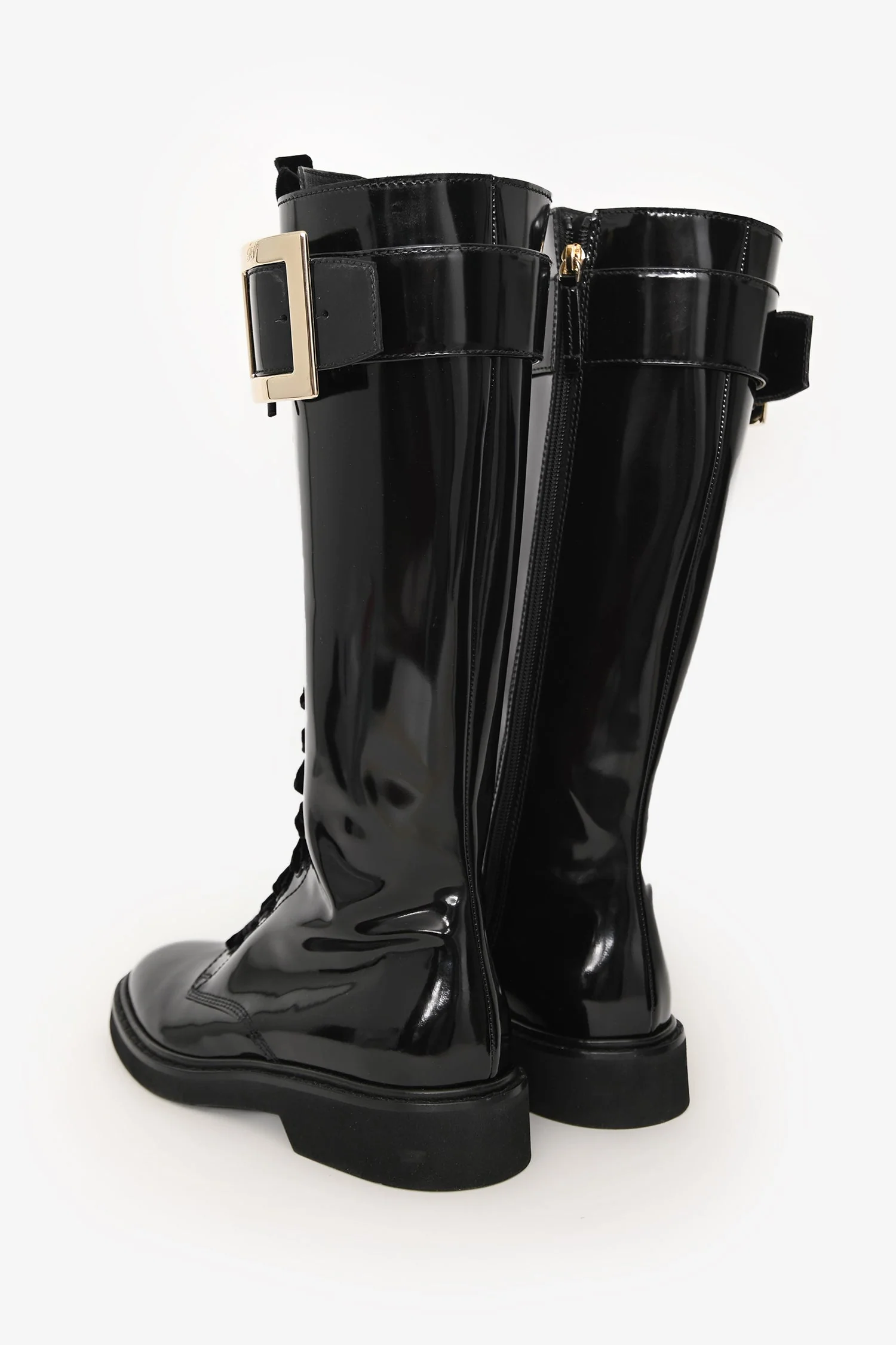 Roger Vivier Black Patent Leather Viv Ranger Knee High Lace Up Boots Size 40 - Image 4
