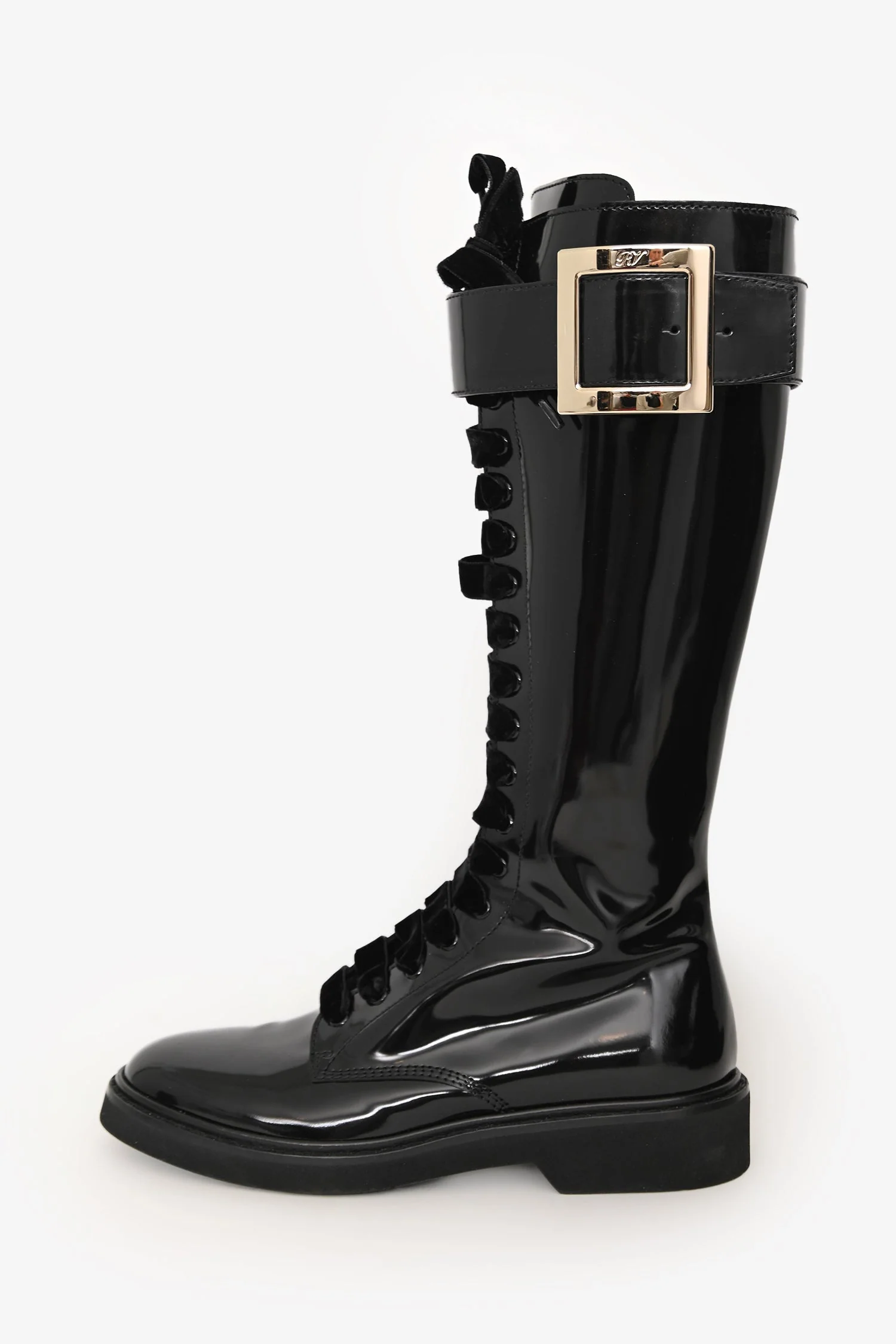 Roger Vivier Black Patent Leather Viv Ranger Knee High Lace Up Boots Size 40 - Image 5