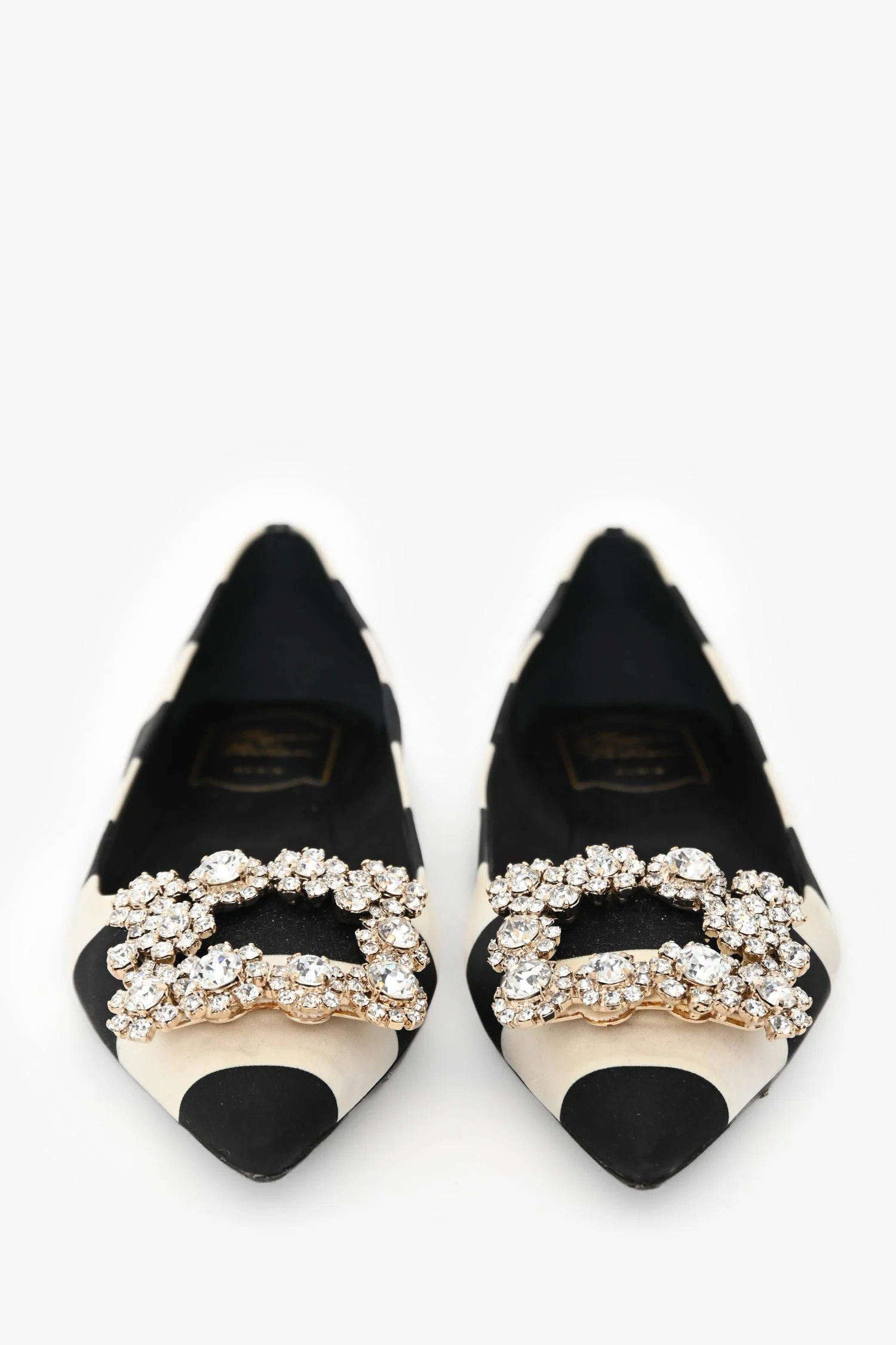Roger Vivier Black/White Satin Striped Crystal Buckle Flats Size 36 - Image 3