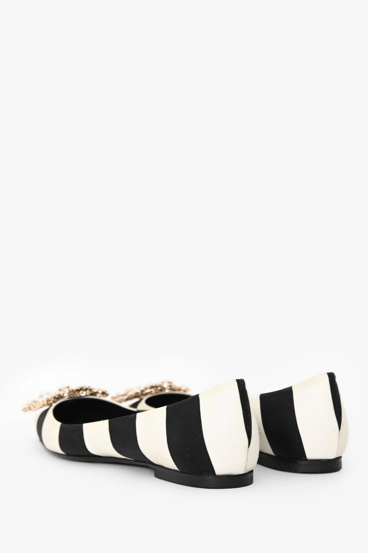 Roger Vivier Black/White Satin Striped Crystal Buckle Flats Size 36 - Image 4