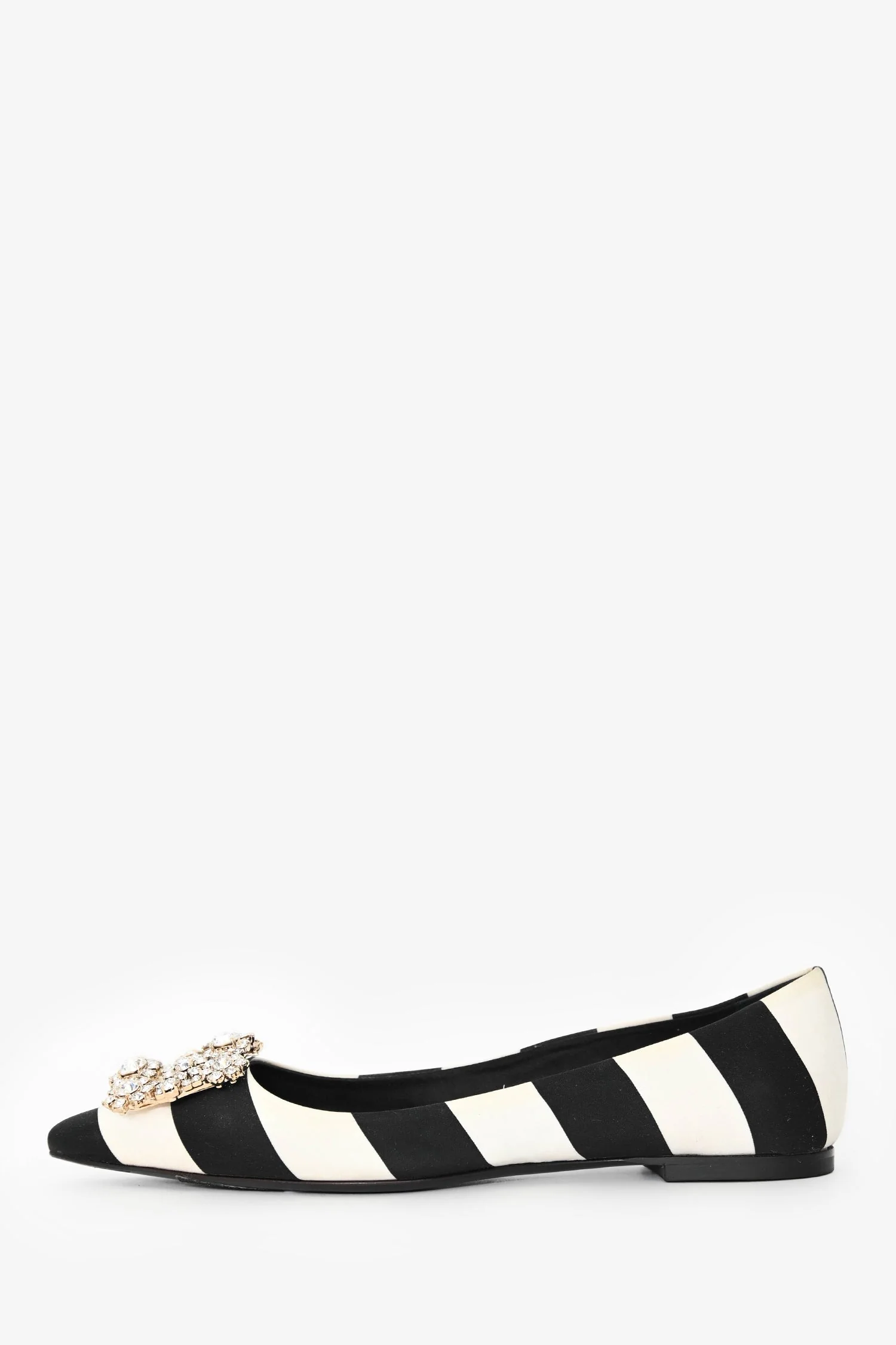 Roger Vivier Black/White Satin Striped Crystal Buckle Flats Size 36 - Image 5
